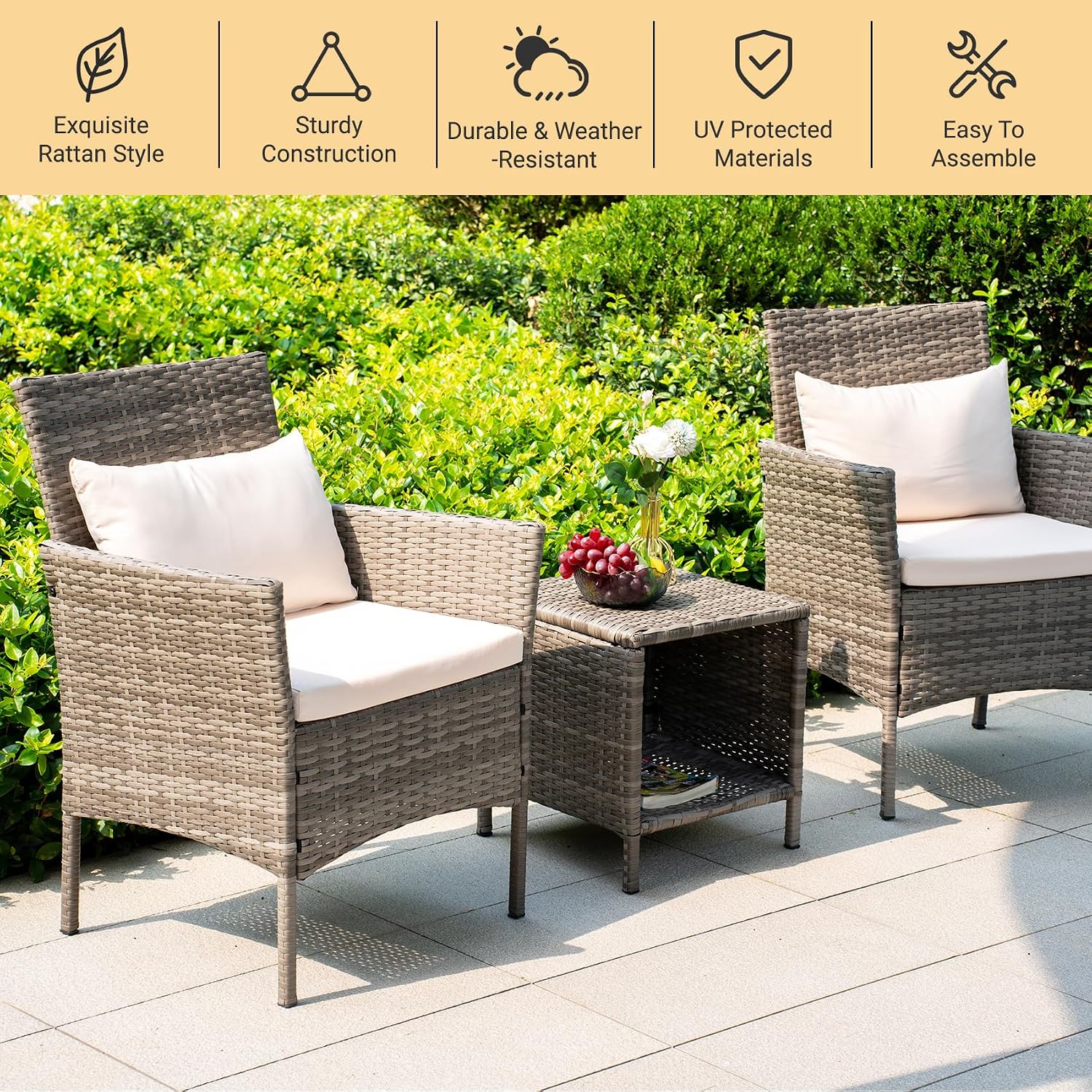 Tappio 3 Piece Patio Conversation Bistro Set Outdoor Chat Furniture, Porch Balcony Furniture Set, Wicker Chairs and Storable Table Set for Patio Balcony Backyard Apartment, Gray/Beige, HZ022