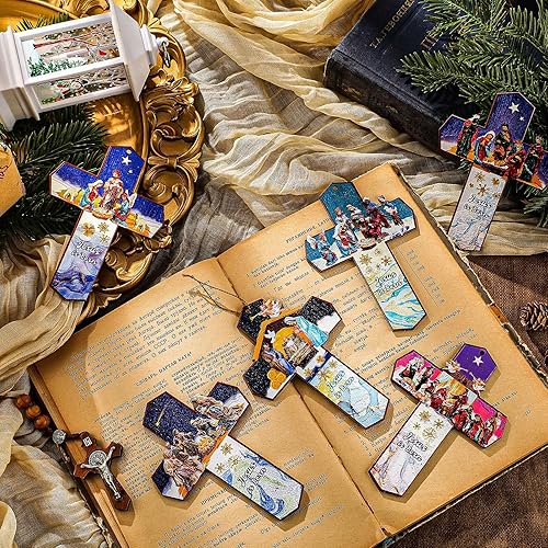 Miniatura 3 de Amyhill 24 piezas de adorno colgante de escena de pesebre de cruz, adornos de Navidad cristianos, adornos de madera a granel, decoración del