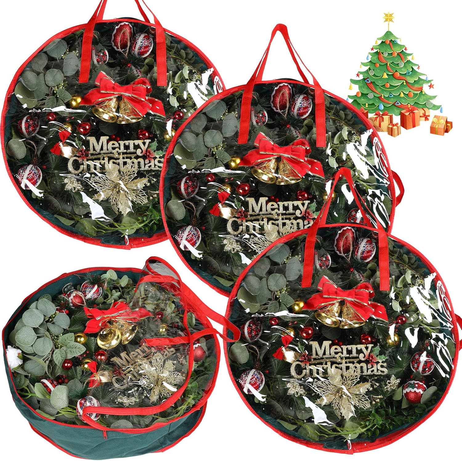 Coume 4 Pcs Christmas Wreath Storage Bag Garland Wreaths Container with Clear Window for Xmas Holiday Decorations Storage Protection Bags Resistant Water Box (24 Inch Diameter,7 Inch High)