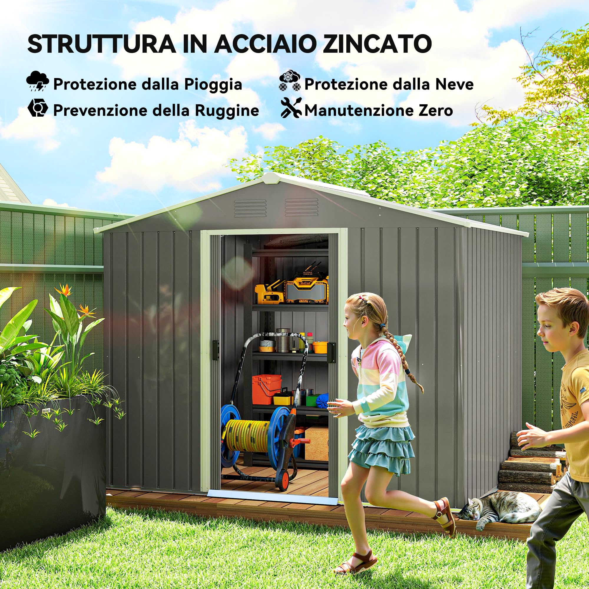 Outsunny Casetta da Giardino 3.6m² in Acciaio Zincato con Prese d'Aria, Capanno da Giardino con Tetto Inclinato, Doppie Porte Scorrevoli Bloccabili, Capanno Porta Attrezzi, 236x174x190cm, Grigio