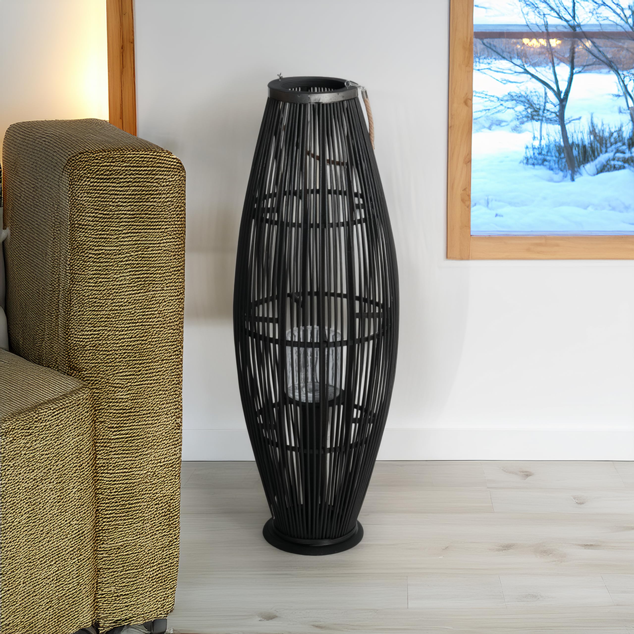 BOURGH Lantaarn bamboe RIPOSTO - natuurlijk hout windlicht, donkerbruin, 25 cm hoog, met handvat, kandelaar windlicht glas - geschikt als balkondecoratie en voor tuin, terras en woning