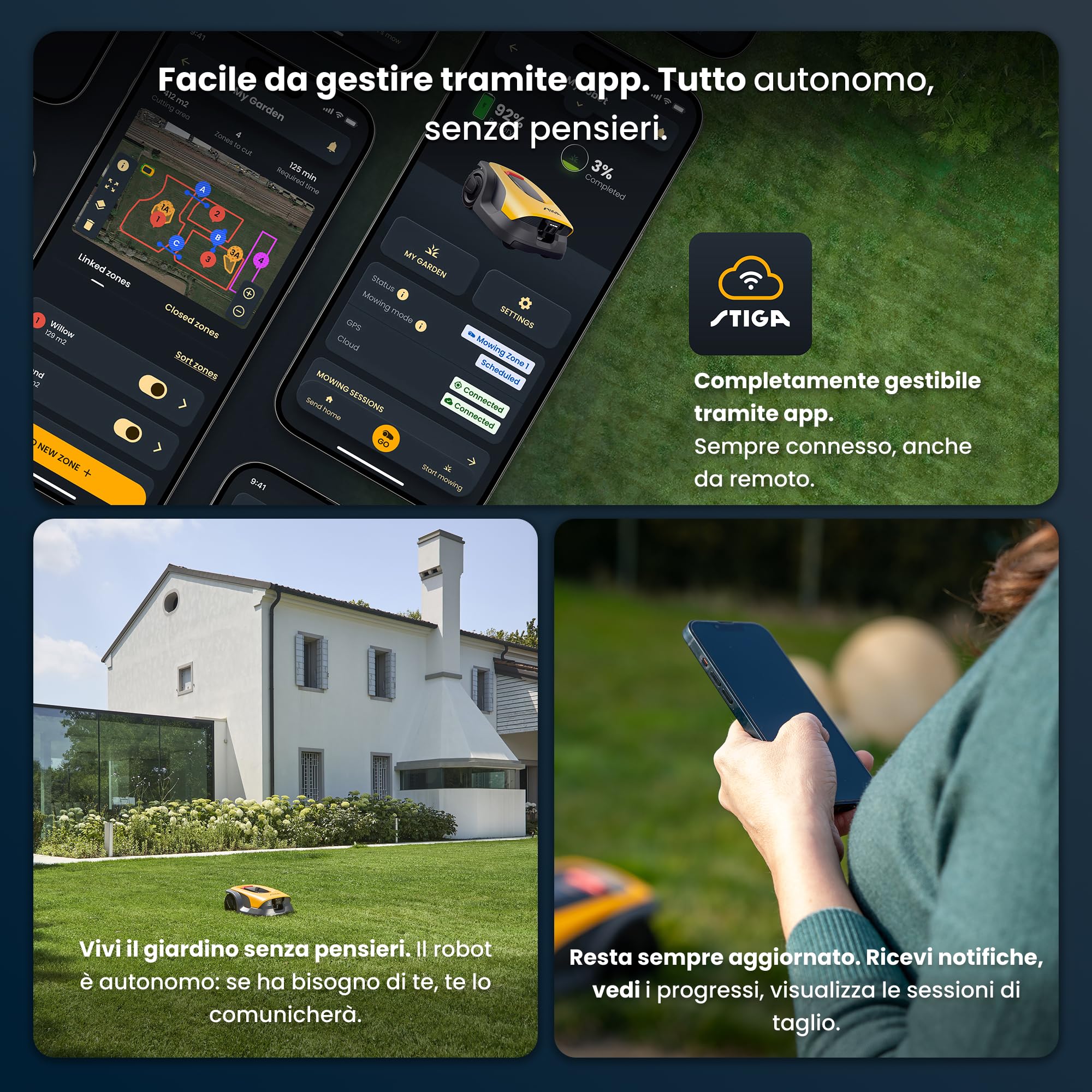 STIGA A 10v a Robot Tagliaerba, 25,2 V, 18 cm – Telecamera AI Integrata, Navigazione Autonoma Senza Cavi, App STIGA.GO – Prati fino a 1.000 m²
