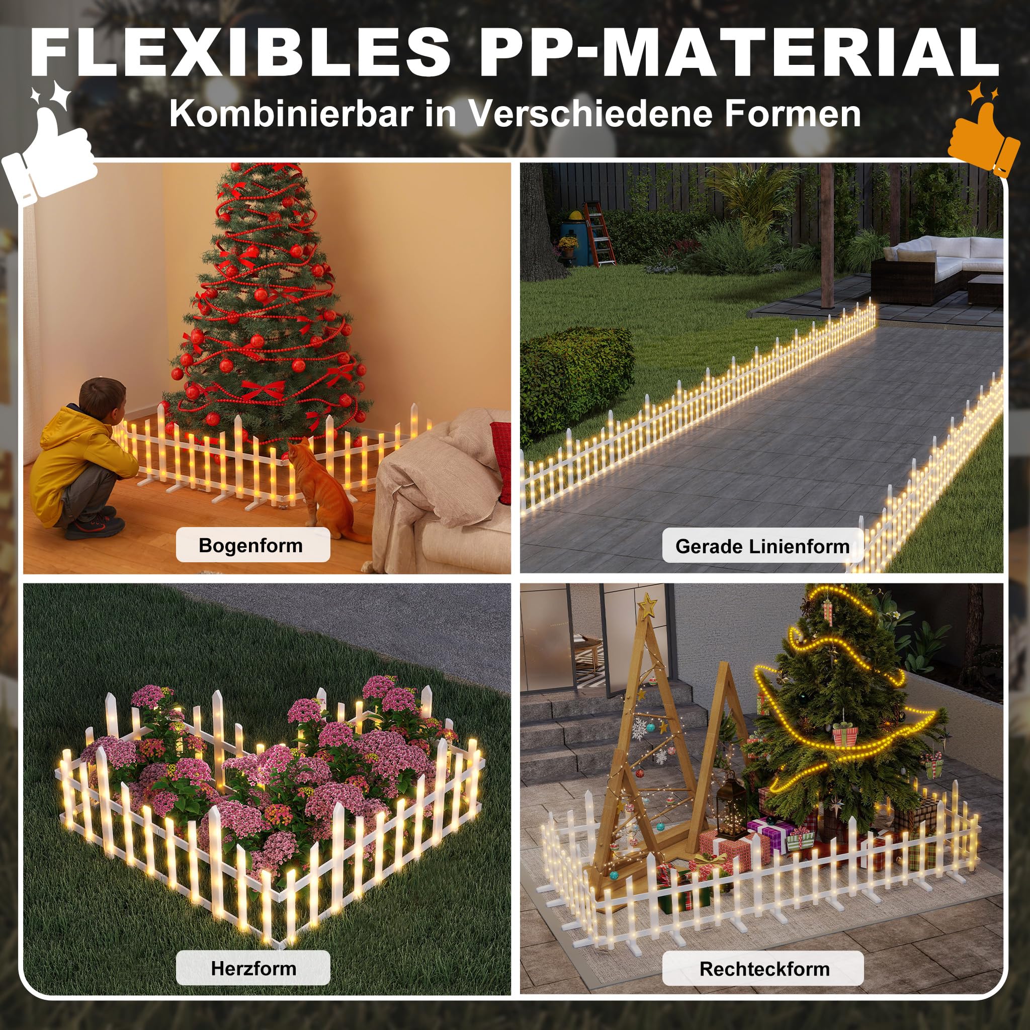 Froadp Podświetlane ogrodzenie ogrodowe z oświetleniem LED, na choinkę, 3,5 m, miniaturowe ogrodzenie, 10 sztuk, płot ogrodowy, płot ogrodowy, obrzeża, trawnik, dekoracja bożonarodzeniowa, dekoracyjne