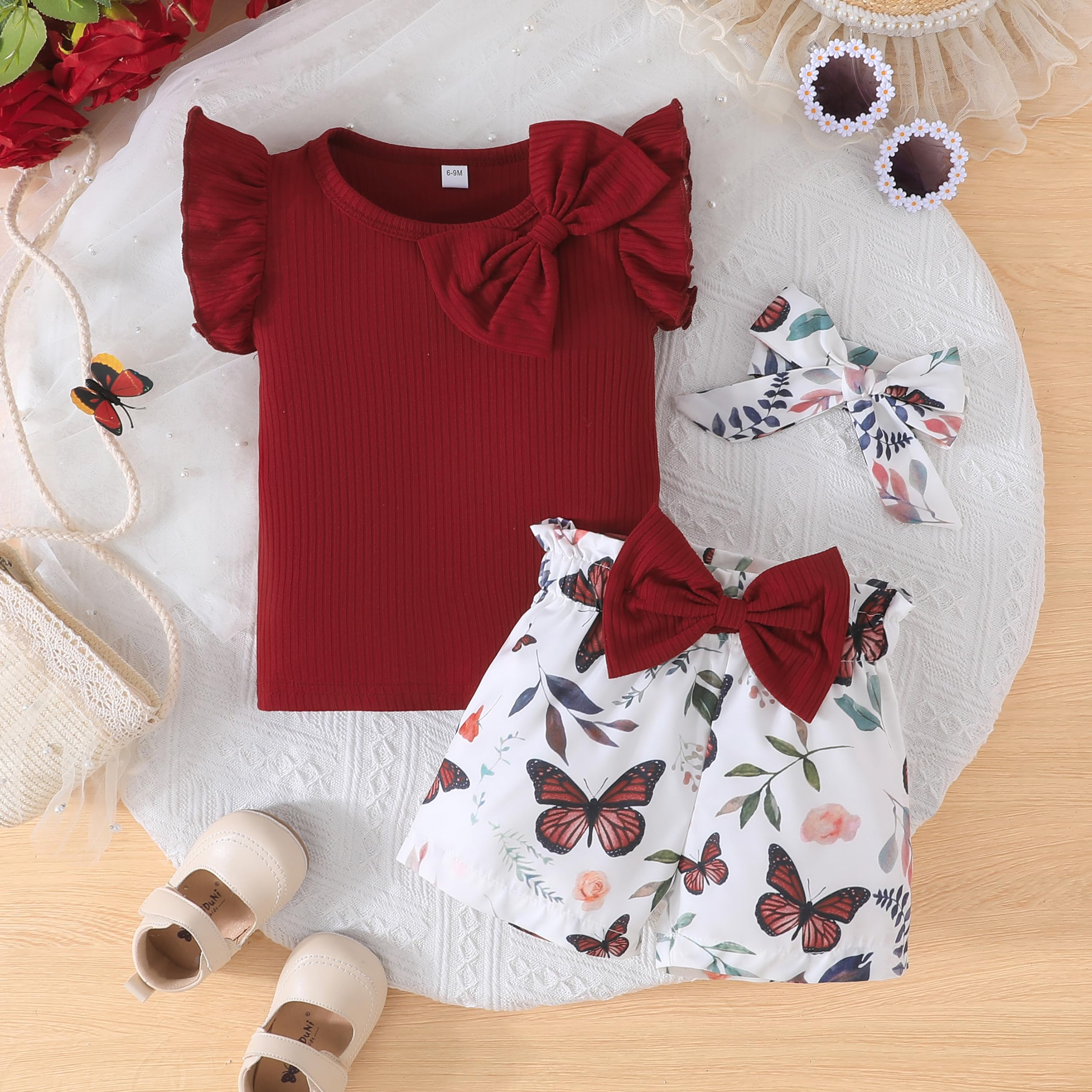 SUREPOCH Conjunto de ropa de verano para niña pequeña, con volantes, de punto, sin mangas, bonito conjunto de pantalones cortos, regalo perfecto para bebés y niñas