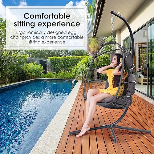 Miniatura 3 de XIAO WEI Silla de huevo con soporte, silla colgante de mimbre de ratán para patio, silla hamaca para interiores y exteriores, dormitorio, jardín,