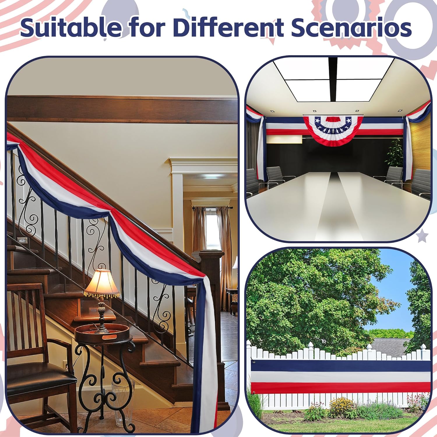 HOOSUN 4th of July Decorations Outdoor,3 Pack 2x20 Ft Patriotic Bunting American Flags for Outside,USA Flags Patriotic Fourth of July Decorations,Memorial Day Decor Red White and Blue Banner for Porch