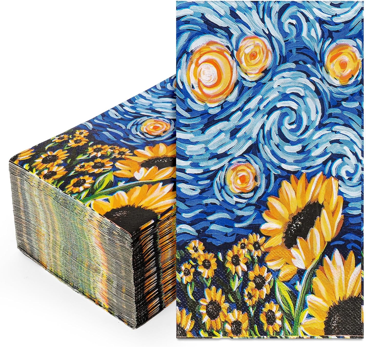 Whaline 100Pcs Starry Night Sky Guest Napkins Abstract Sunflower Disposable Napkins Van Gogh Dinner Paper Hand Towel For Bathroom Summer Birthday Party Table Supplies