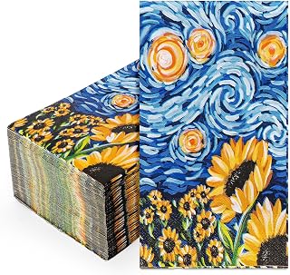 Whaline 100Pcs Starry Night Sky Guest Napkins Abstract Sunflower Disposable Napkins Van Gogh Dinner Hand Towel Paper Napkins For Bathroom Summer Birthday Party Table Supplies