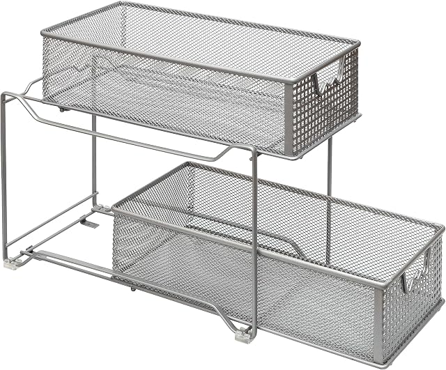 Amtido 2-Tier Sliding Basket Cupboard Organiser Kitchen, Bathroom Cabinet Organizer Pull Out Drawers Under Sink Storage - Silver