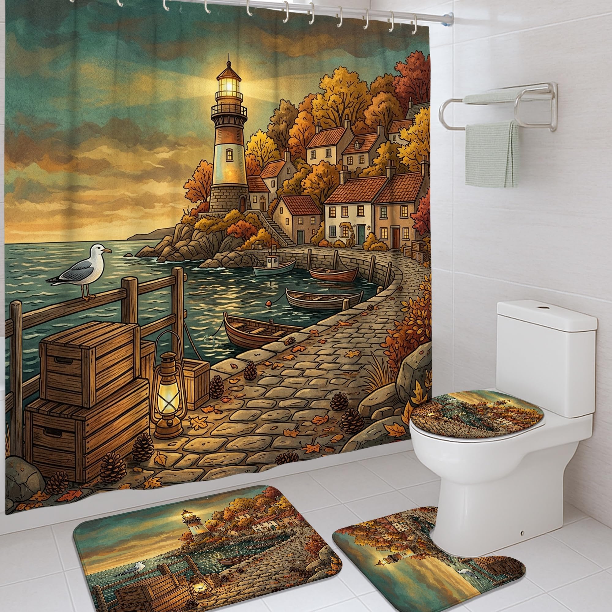 Rideau de douche motif phare et mouette avec tapis pour revivre vos vacances en bord de mer