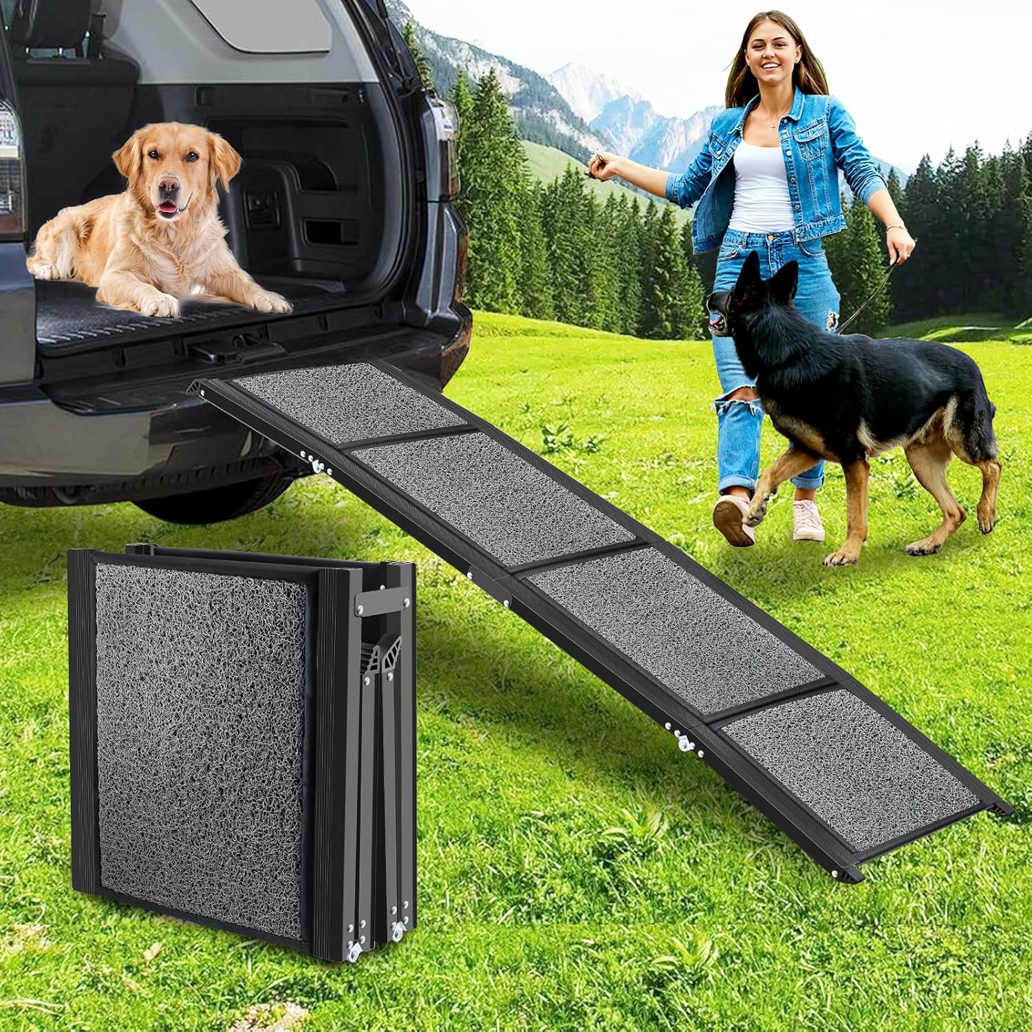 Dog Ramp for Car, Mowfeu Portable Folding Pet Stair Ramp for Medium & Large & Old Dogs - Up to 250LBS, 62''17'' Medium Dog Car Ramp Pet Steps with Non-Slip Surface for Easy Car Access
