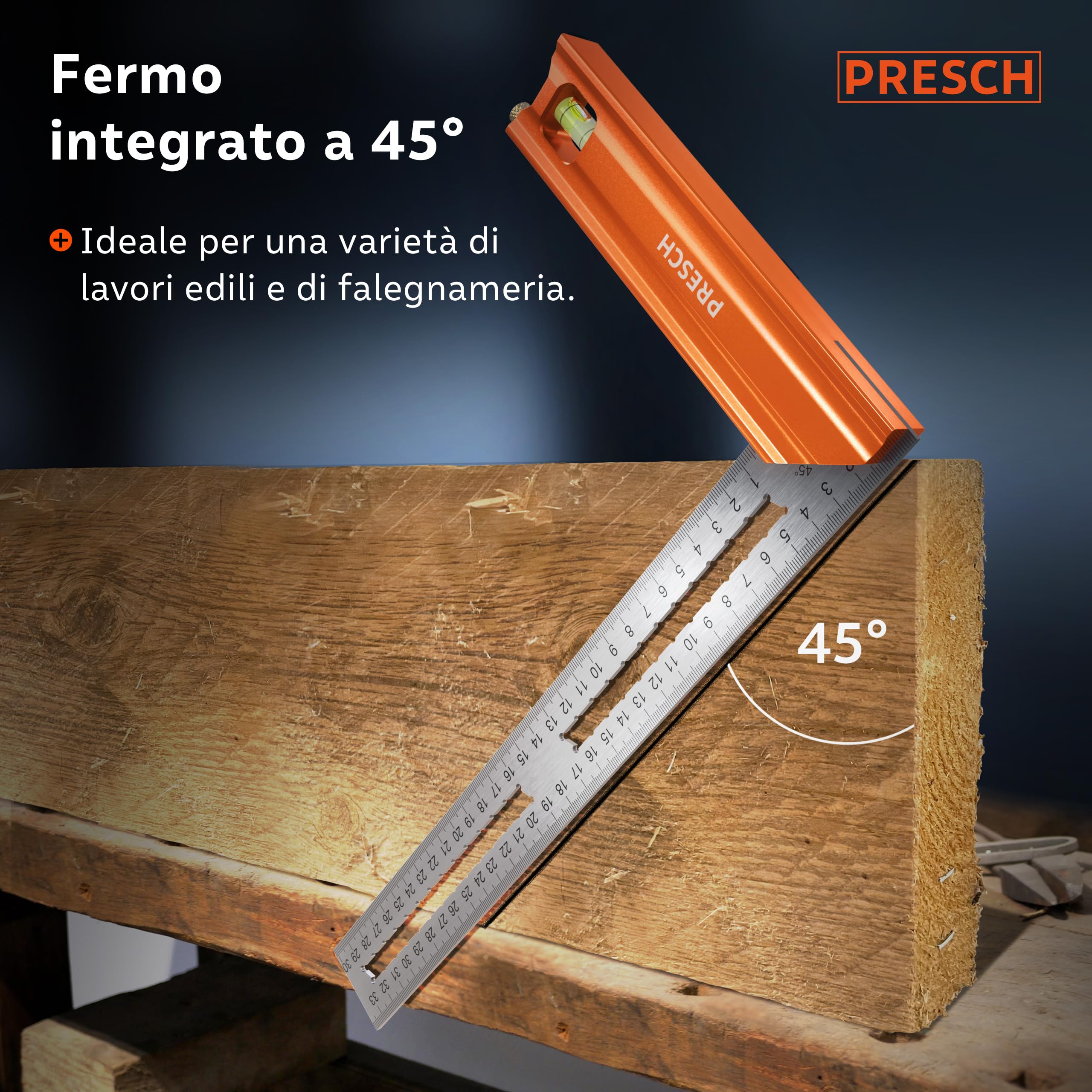 Presch Squadra da 300 mm 90° 45° con bolla di livello e indicatore di marcatura antiruggine