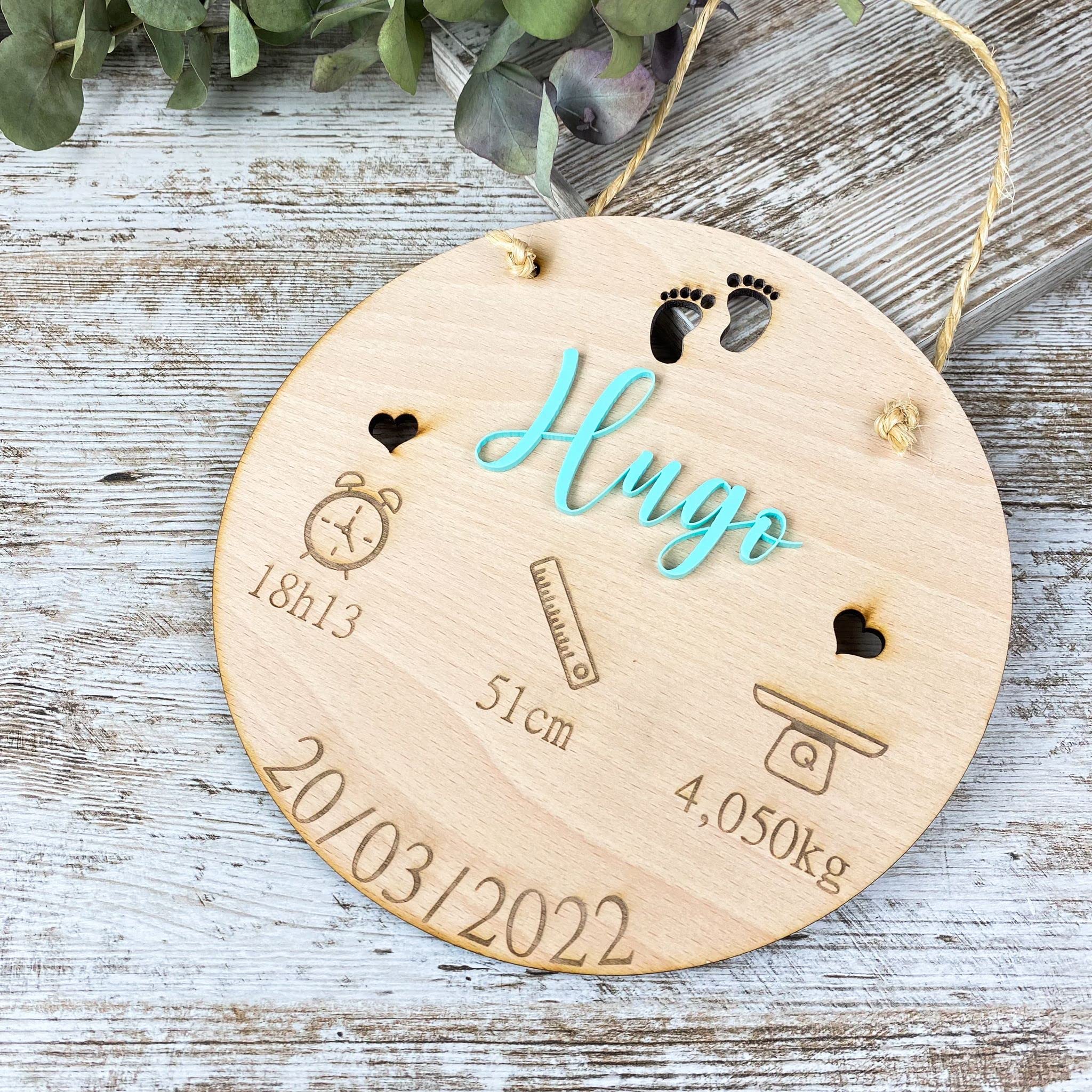 Natalicio personalizado en madera.Regalo bebe, recién nacido- Placa Natalicio Personalizada de Madera de haya- Cartel Nacimiento Nombre del Bebé – Decoración Habitación Infantil