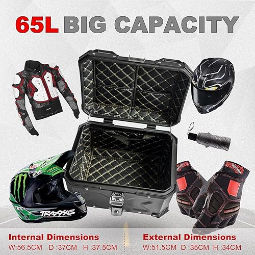 Miniatura 3 de Funda superior universal para motocicleta, caja trasera de motocicleta de 65 L, con respaldo, bloqueo de seguridad y asa para equipaje de casco,