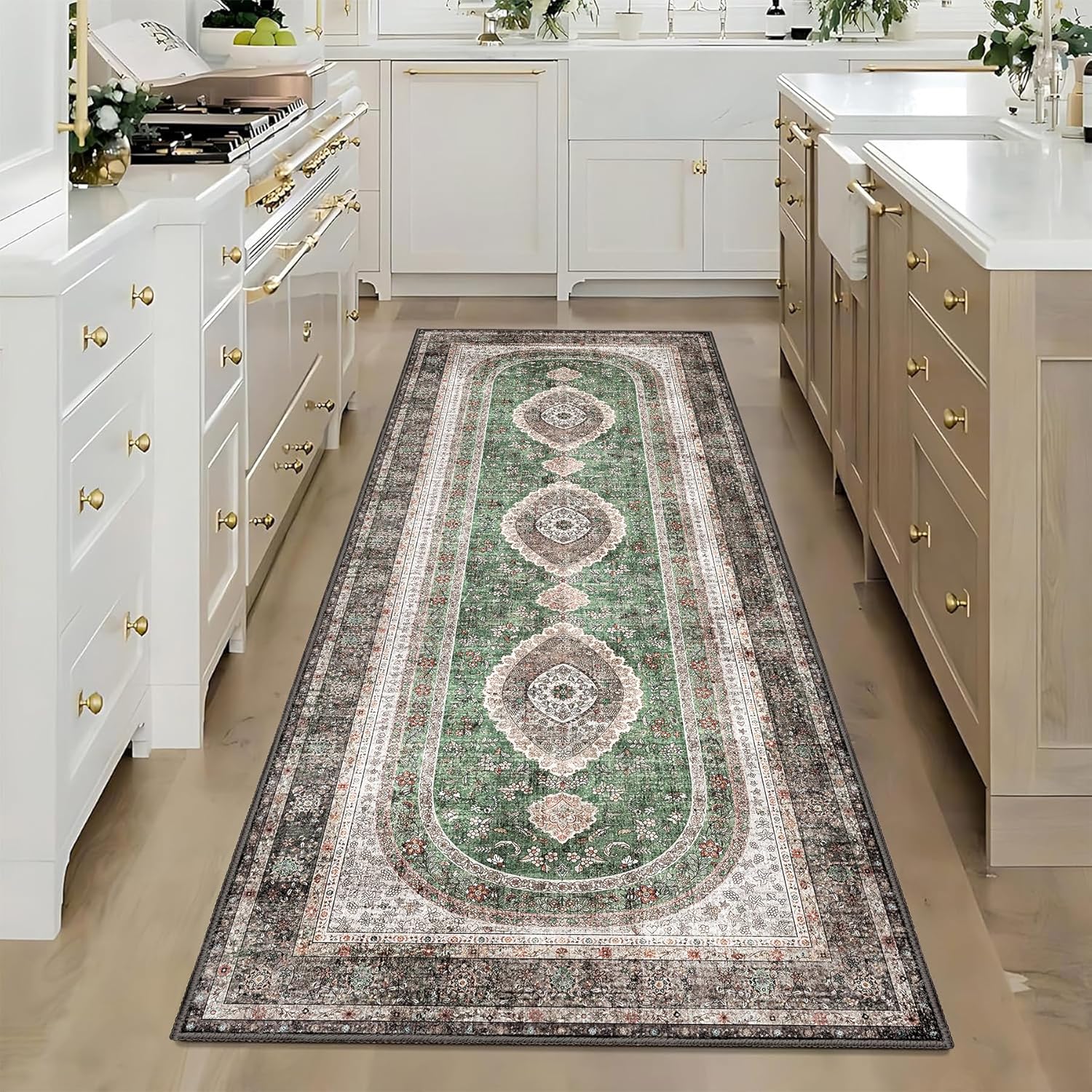 Washable Runner Rug 2x6,Green Rug Runners Non Slip,Long Boho Rugs for Hallways Kitchen Bedroom Entryway Bathroom,Vintage Bohemian Distressed Oriental Floor Carpet