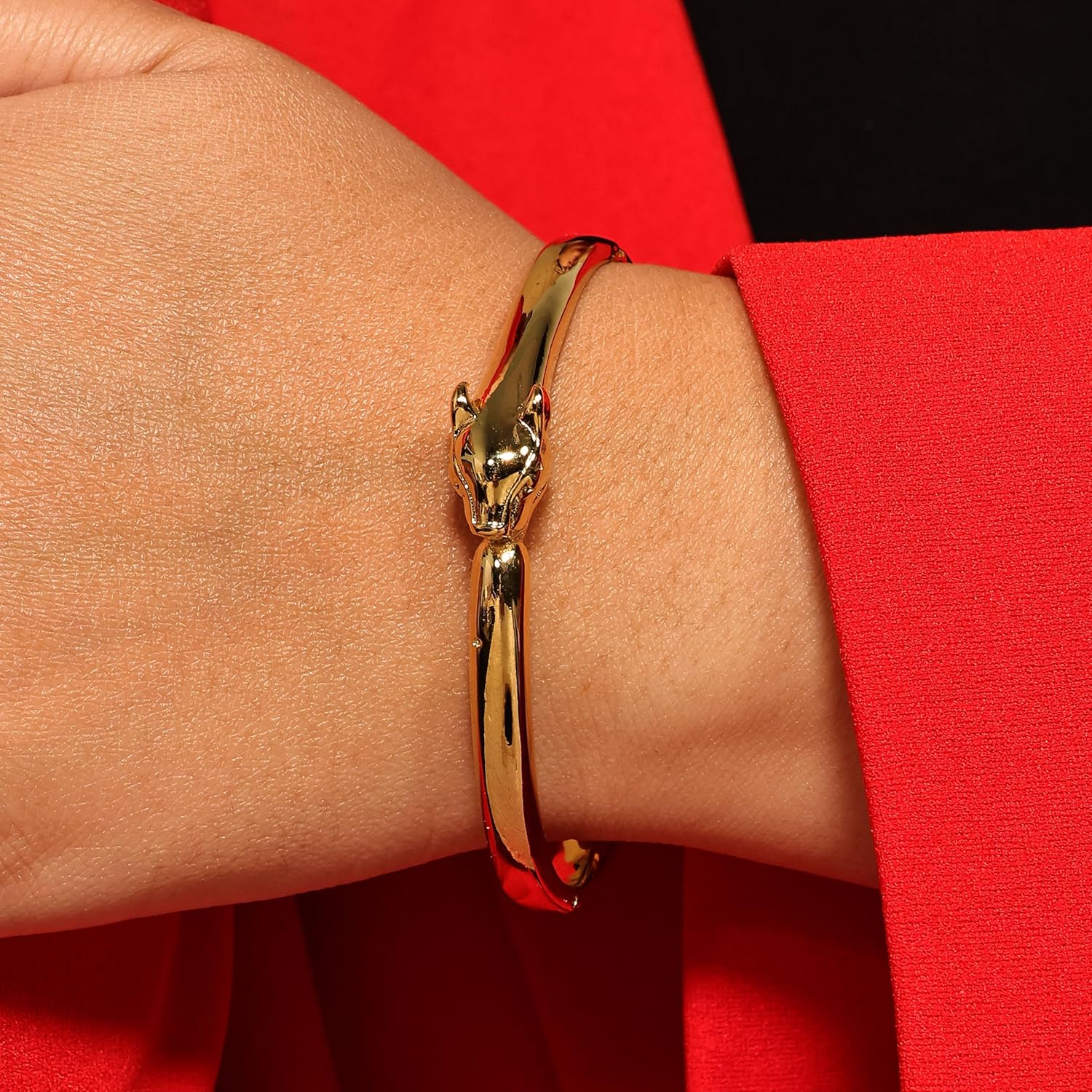 Stainless Steel Animal Head Bangle Bracelet for Women | Gold Plated Panther/Leopard Design Hinged Cuff | Polished Non Tarnish Fashion Jewelry Gift for Her