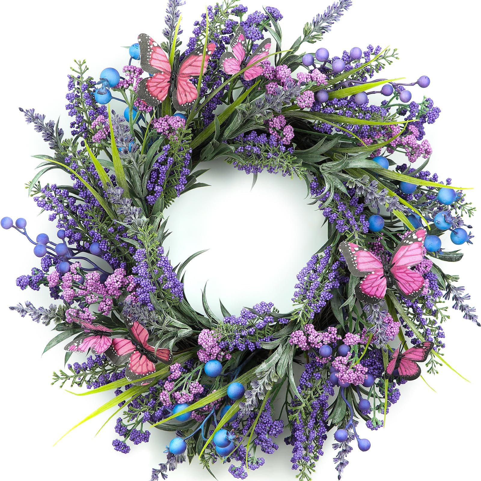 DFRREN 18 inch Lavender Wreath with Butterflies for Front Door