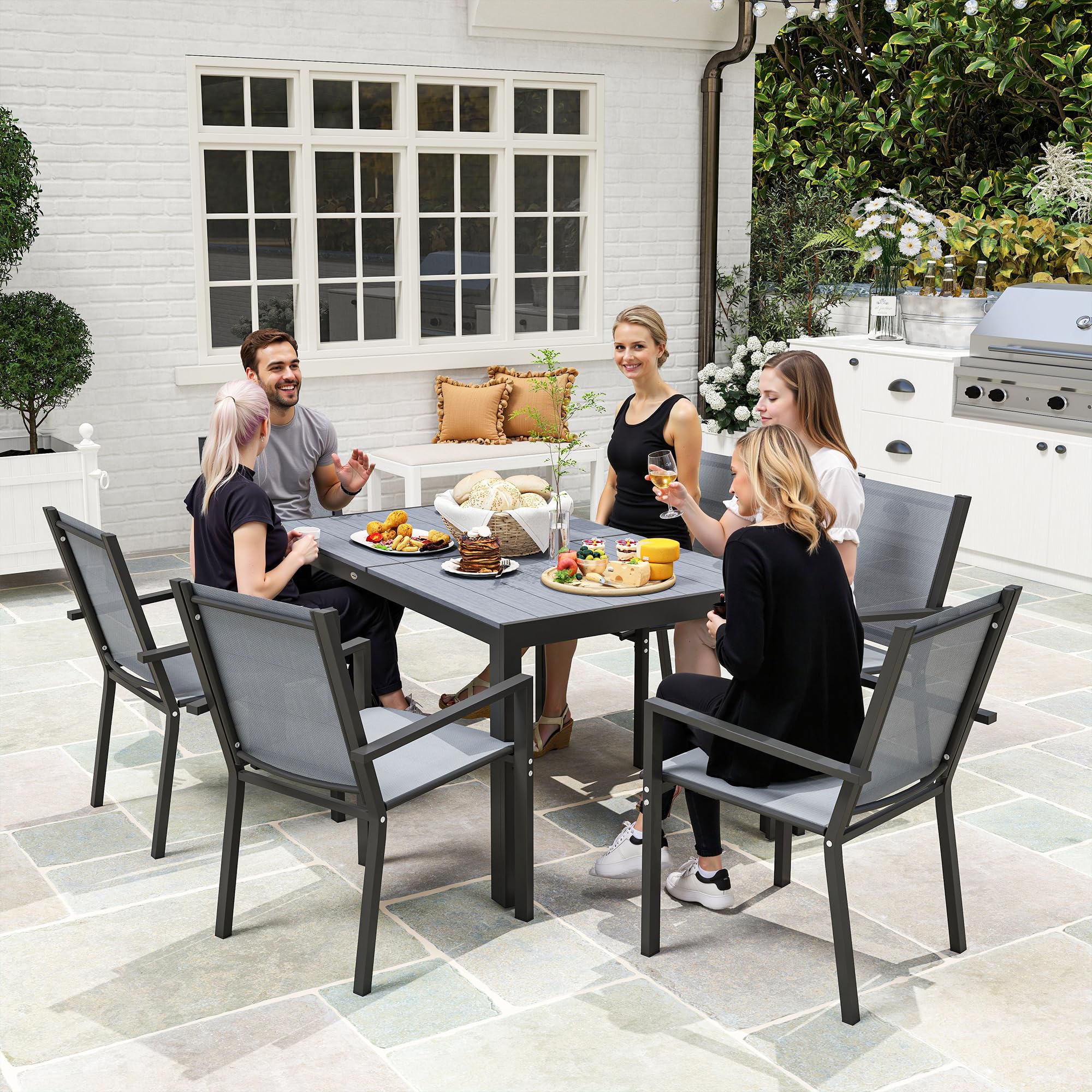 Outsunny Conjunto de Mesa y Sillas Jardín de 7 Piezas, Muebles de Jardín Exterior con 6 Sillas Apilables, Mesa con Encimera de Madera Plásticay Marco de Acero, para Terraza, Patio, Caqui y Marrón