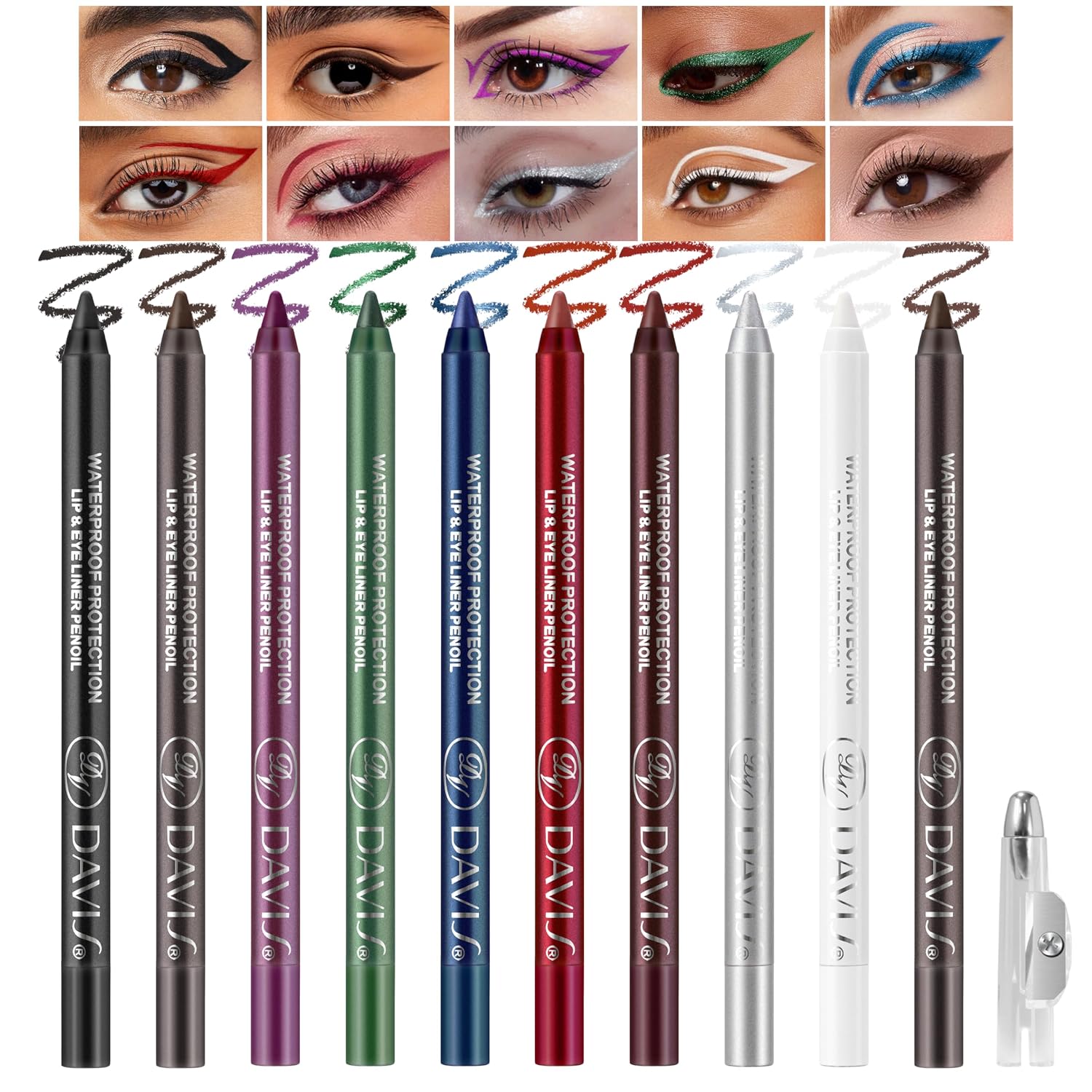 Noerrors 10pcs Colored Gel Eyeliner Pencil Set, Purple Plum Green White Silver Brown Black Waterproof Smudge Proof Waterline Eyeliner, Long Lasting Pigmented Matte&Metallic Eyeshadow Stick for Women