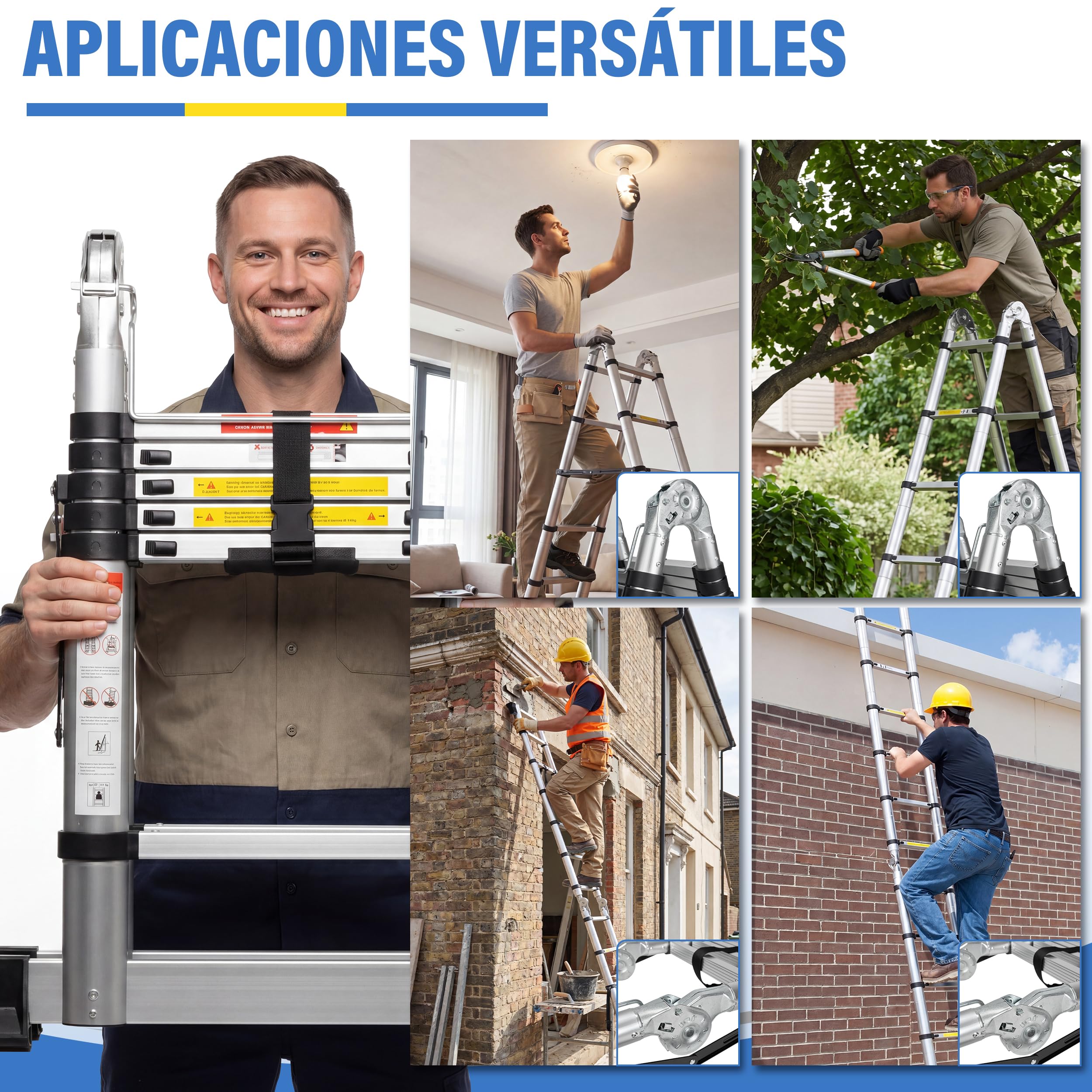 DEWINNER Escalera telescópica 3,8 m (1.9+1.9), Escalera Plegable 2 en 1, Escalera de Aluminio con Ganchos para Uso Interior y Exterior, Carga máxima de 150 kg, Color Plateado