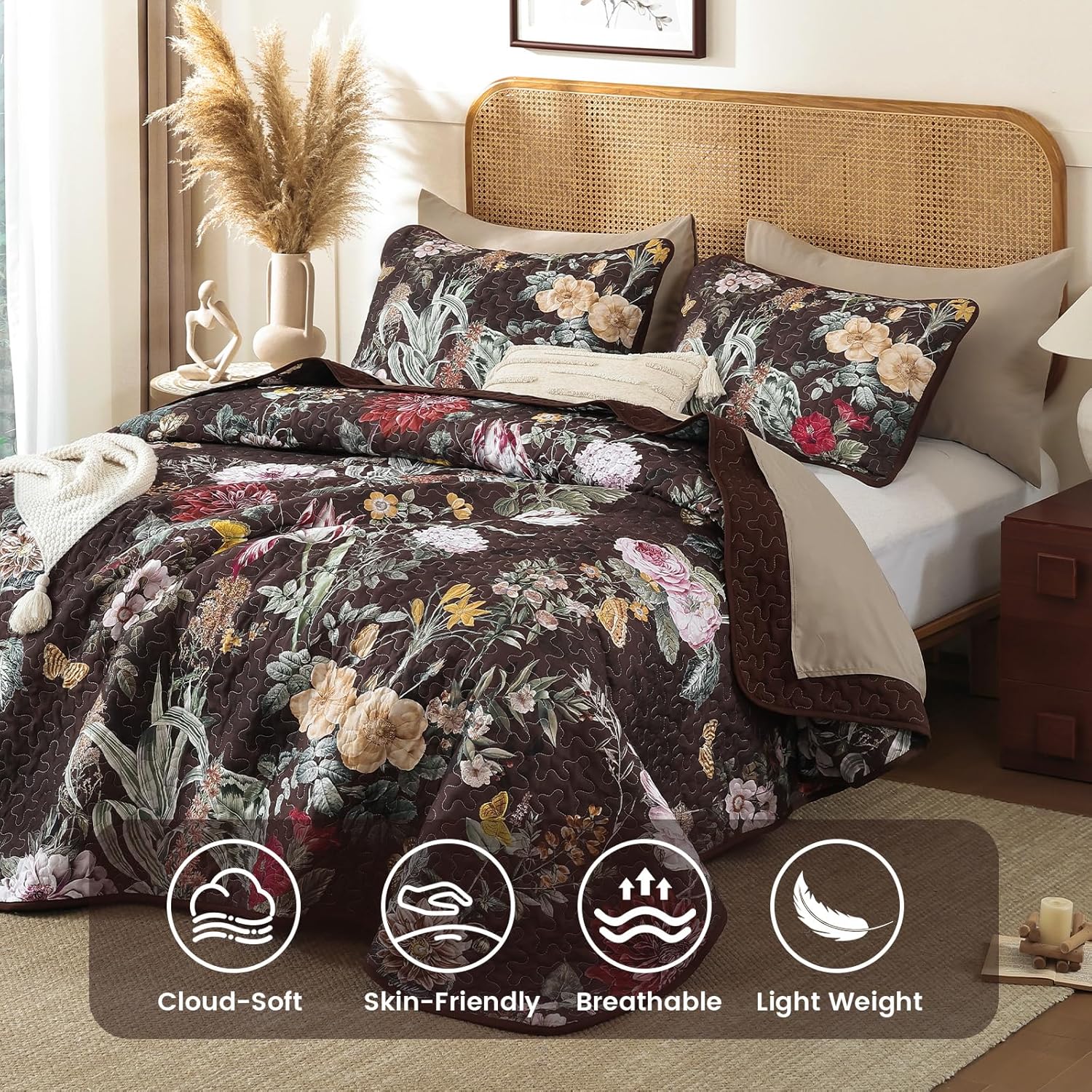 Anibedding Floral Quilt Set Queen Size, 3Pieces Black Brown Microfiber Lightweight Besspread for Bedroom Living Room All Season Use - Image 3