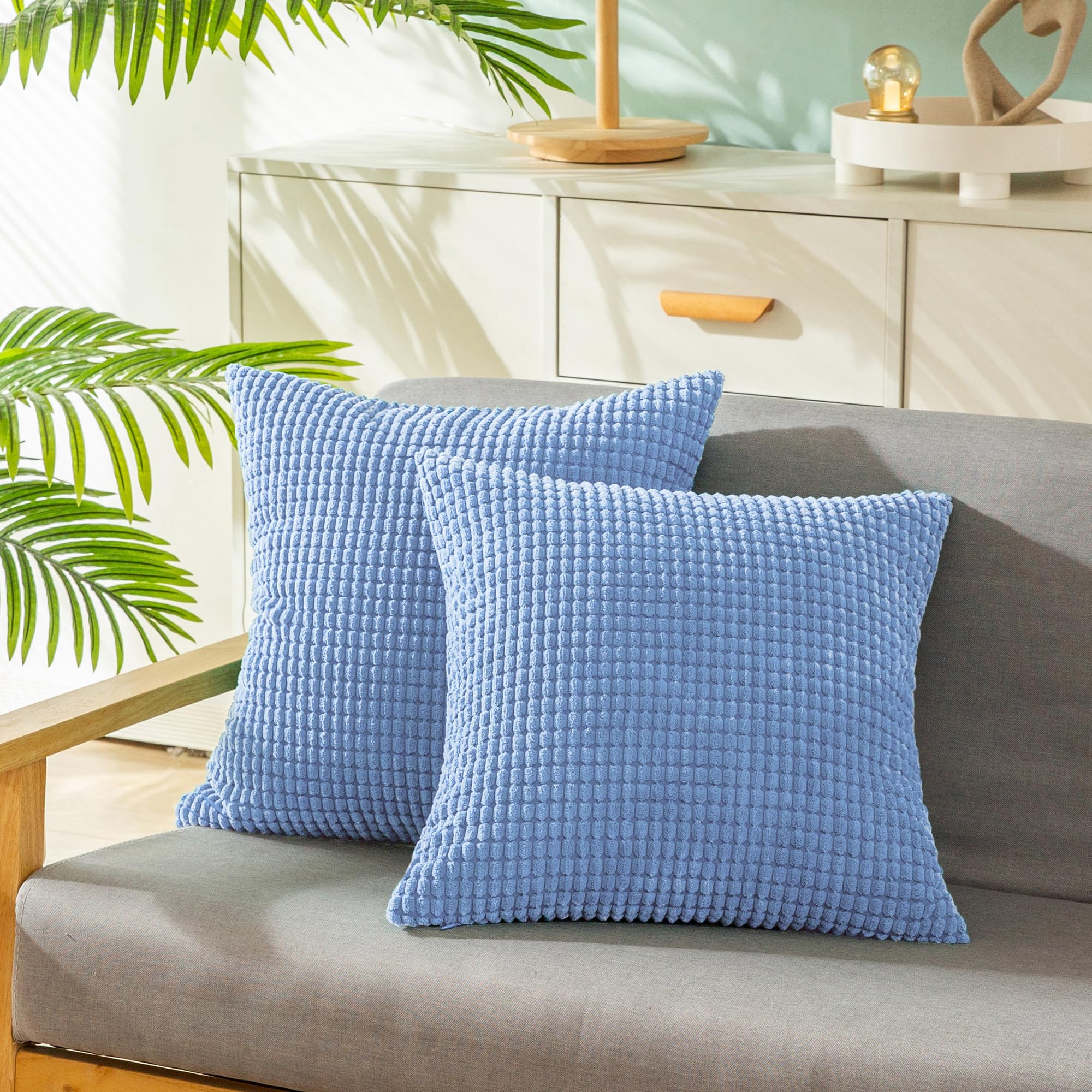 CaliTime Pack of 2 Comfy Throw Pillow Covers Cases for Couch Sofa Bed Comfortable Supersoft Corduroy Corn Striped Both Sides 45cm x 45cm Light gray blue