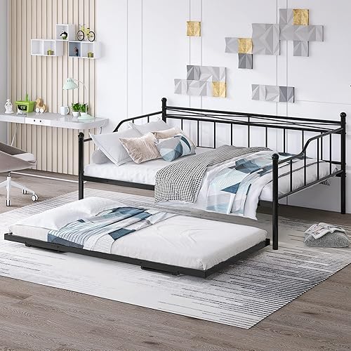 Sofá cama de metal de tamaño matrimonial con nido ajustable de tamaño individual nido plegable portátil soporte de listones de metal cama extensible
