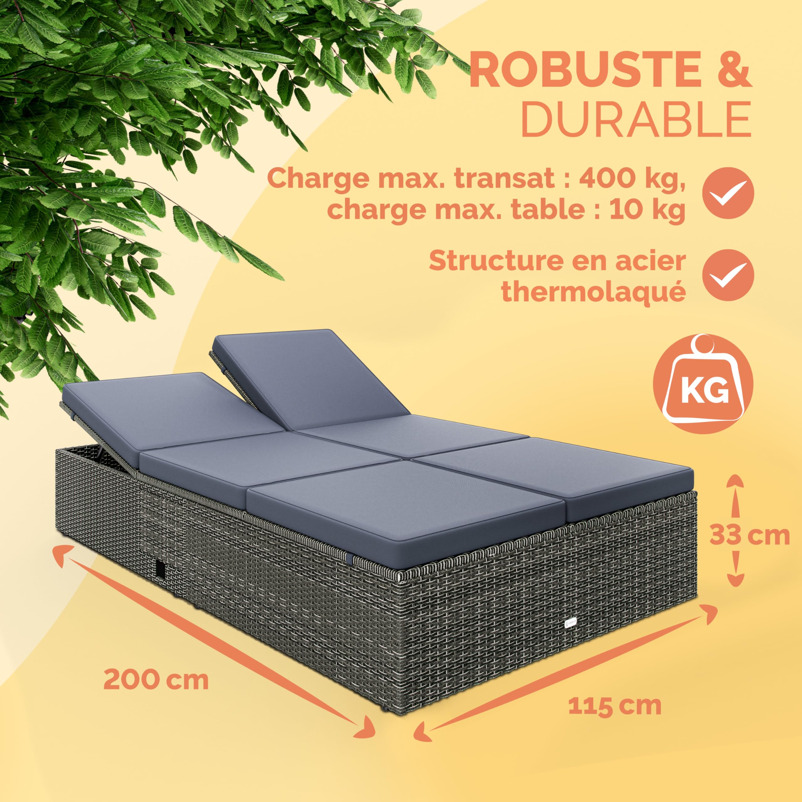 Casaria Bain de Soleil Double Polyrotin Gris/Anthracite | Coussin 7 cm d'épaisseur, Salon de Jardin Exterieur Design pour Terrasse ou Piscine Hors Sol