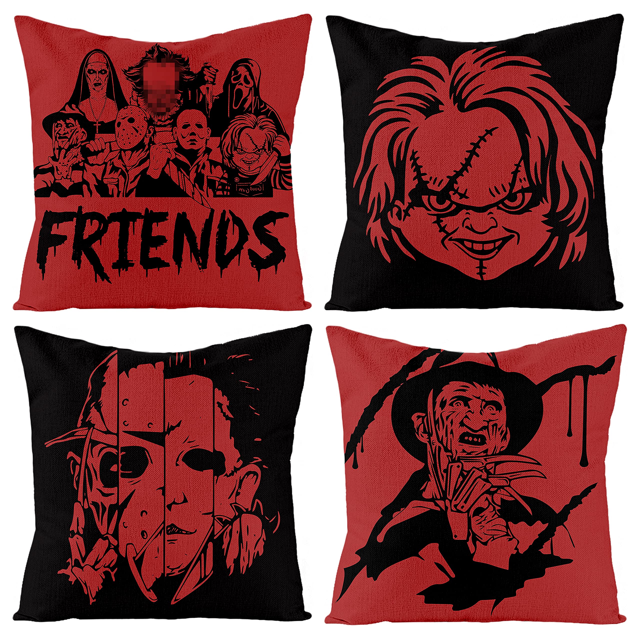 Photo 1 of 4Pcs Horror Classic Movie Characters Pillow Covers, 18 x 18 Inch Halloween Friends Horror Zippered Throw Pillow Case Linen Decorative Square Cushion Covers for Horror Theme Party Decor Birthday Gift