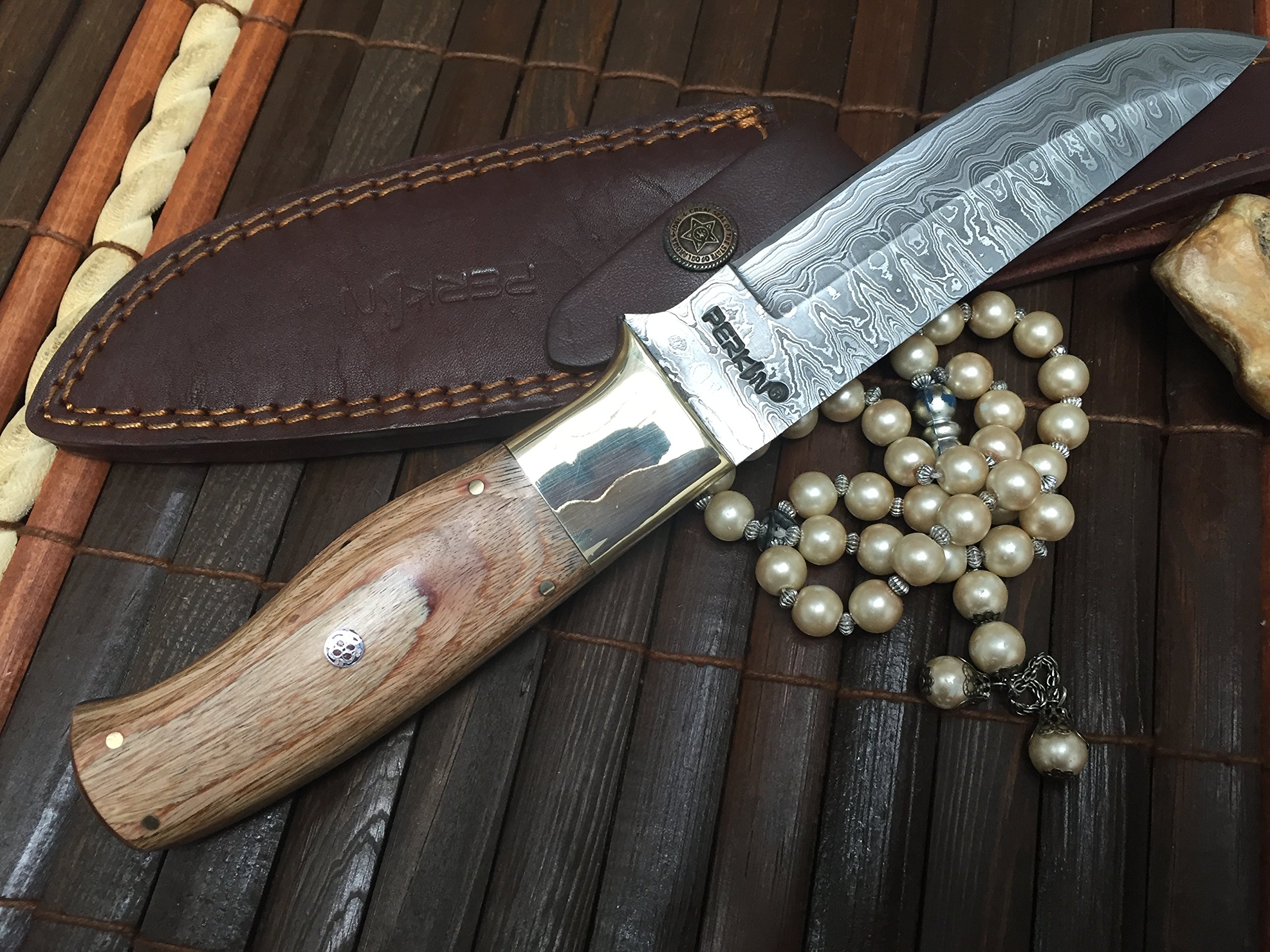 Coltello da caccia in acciaio Damasco con fodero