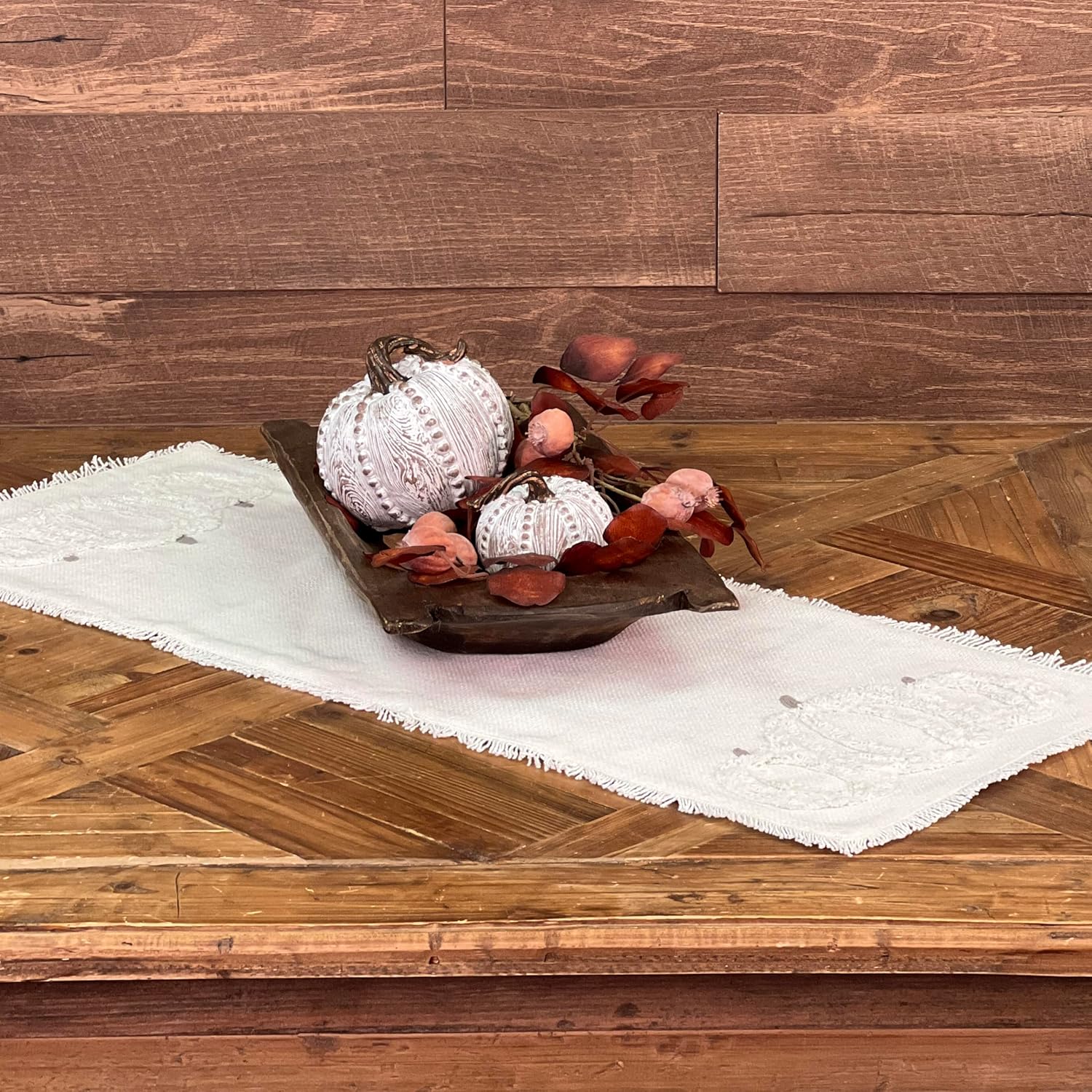 White Harvest Pumpkin Table Runner, 54" Long, Fall Thanksgiving Antique White Modern Farmhouse Kitchen Table Decor