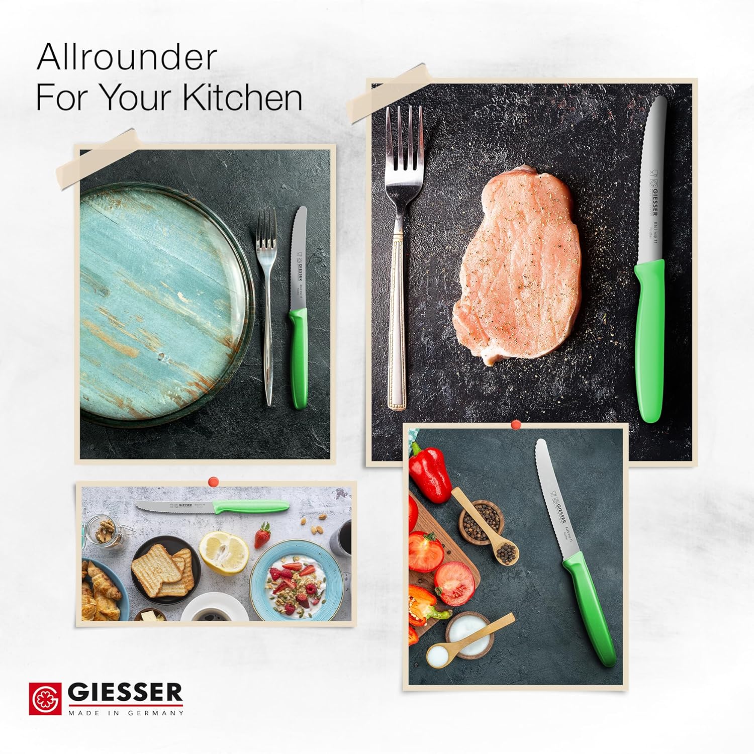 Giesser since 1776, Made in Germany, Serrated kitchen knives round tip dishwasher safe 4.5 inch - Tomato knife, Steak knive set of 6 (Green)