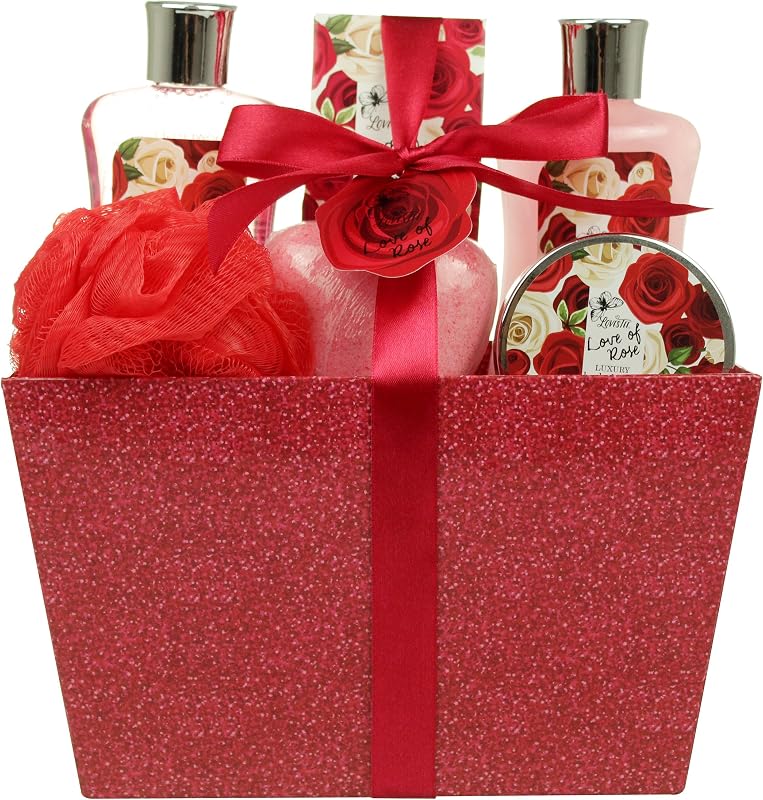 Conjunto de banho e cuidados corporais LOVESTEE Love of Rose, com gel de banho, banho de espuma, loção corporal, sal de banho, esponja vermelha e bomba de banho em formato de coração