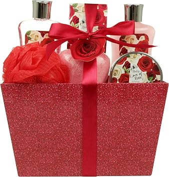 Christmas Gifts, Spa Baskets for Women Bath and Body Basket for Women, Includes Love of Rose Shower Gel, Bubble Bath, Body Lotion, Bath Salt, Red Bath Puff and Heart Bath Bomb