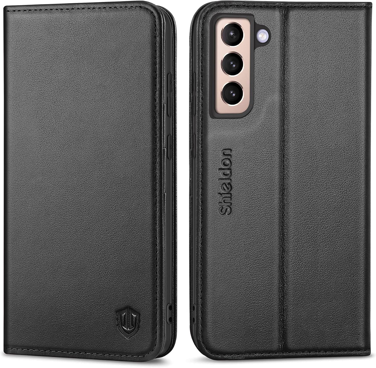 SHIELDON Case for Galaxy S21 FE 5G, Genuine Leather S21FE Wallet Case Magnetic RFID Blocking Credit Card Holder Kickstand Shockproof Protective Case Compatible with Galaxy S21 FE (6.4" 2022) - Black