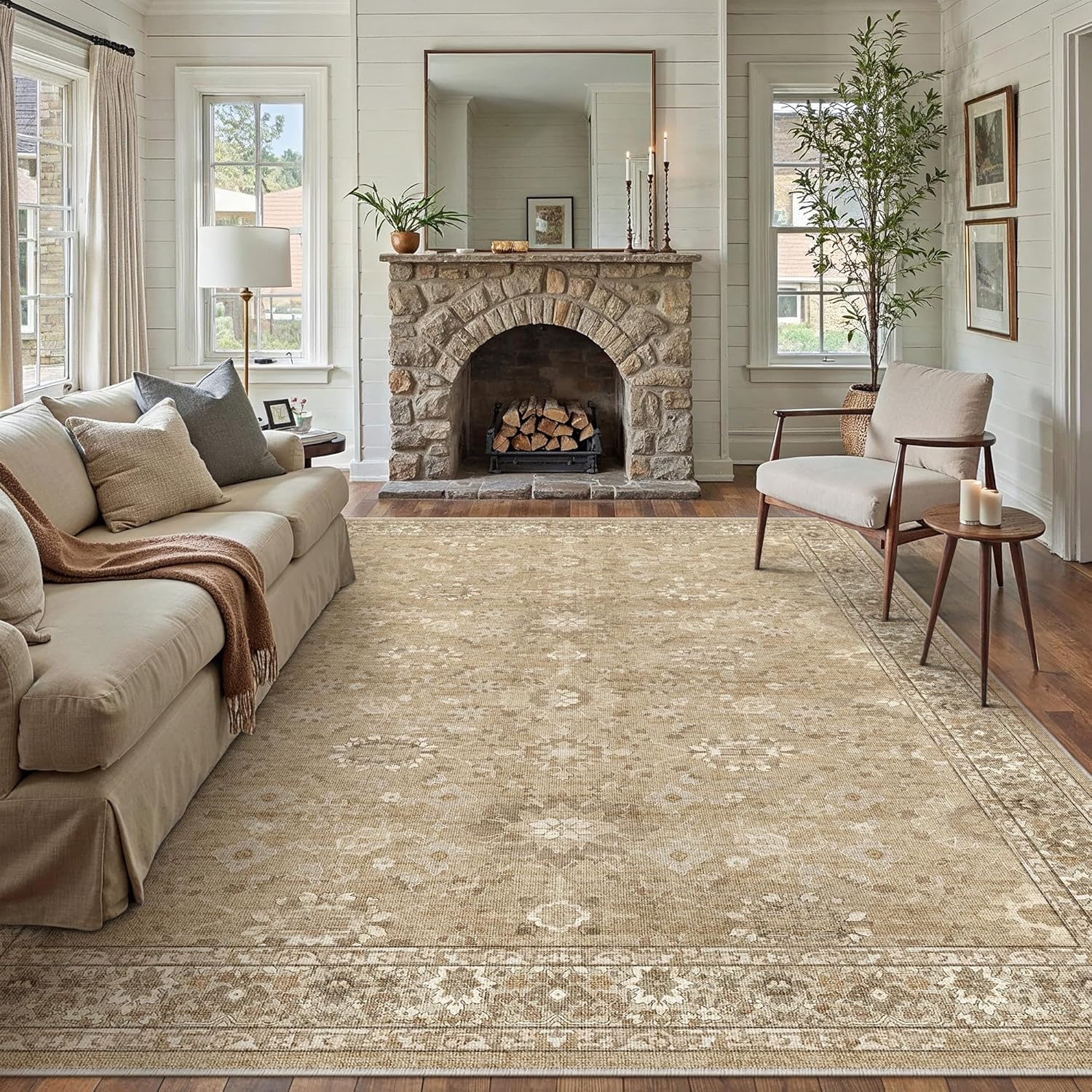 8x10 Brown Area Rug Non Slip Large Vintage Living Room Distressed Machine Washable Retro Carpet Indoor Bedroom Traditional Floral Accent Throw Rug for Office Kitchen Dorm Dining Room 8' x 10' (Rectangular) Vintage | Light Brown