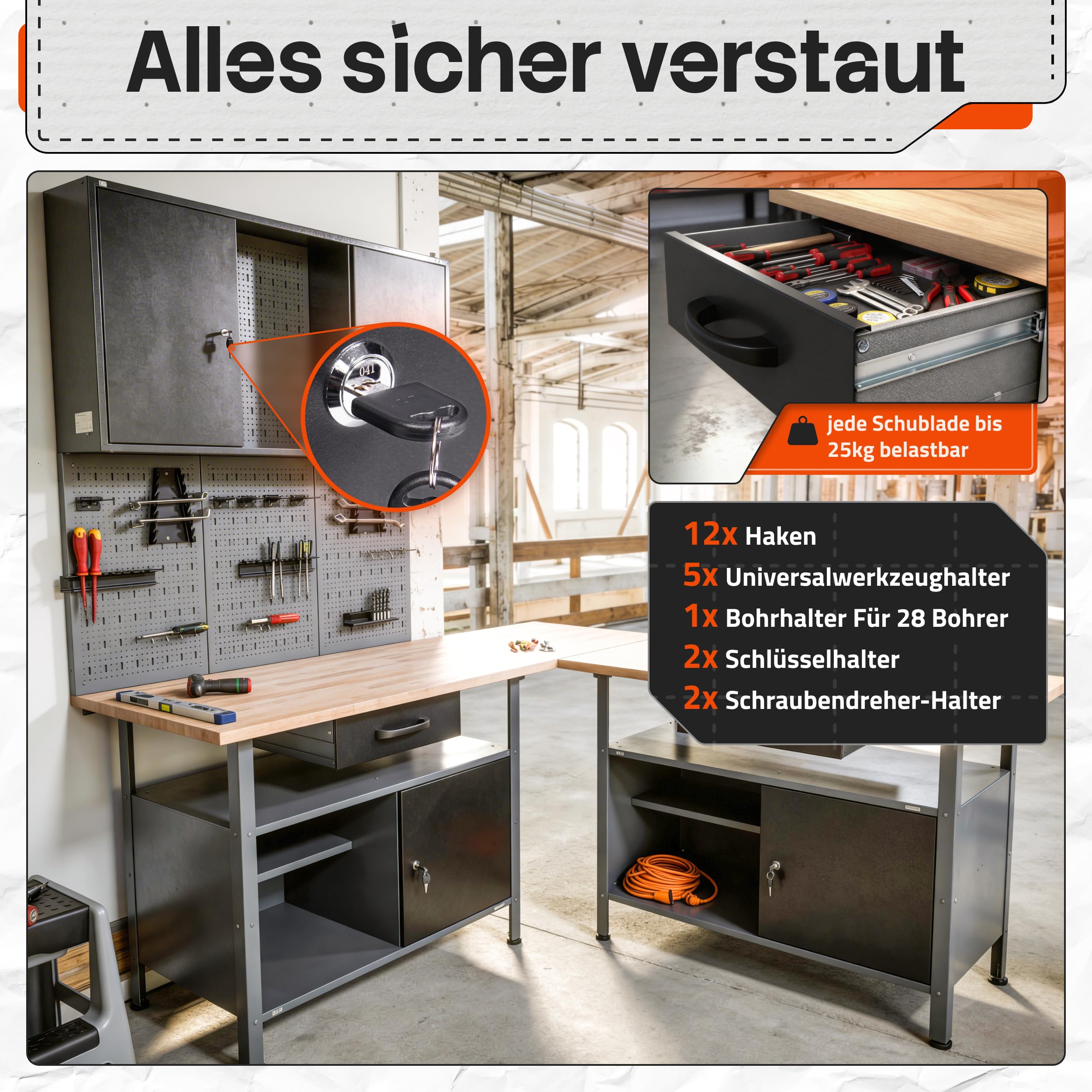 Ondis24 Werkstatt Set Ecklösung Classic One, Werkbank, 120 + 60 cm Buchenholzarbeitsplatte, Werkzeugschrank, Werkzeugwand Lochwand, Haken Set, Metall (Arbeitshöhe 85cm, schwarz)