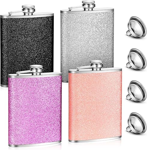 meekoo 4 frascos de 8 onzas para mujer, con purpurina para licor, de acero inoxidable, a prueba de fugas, con 4 embudos, coloridos frascos para