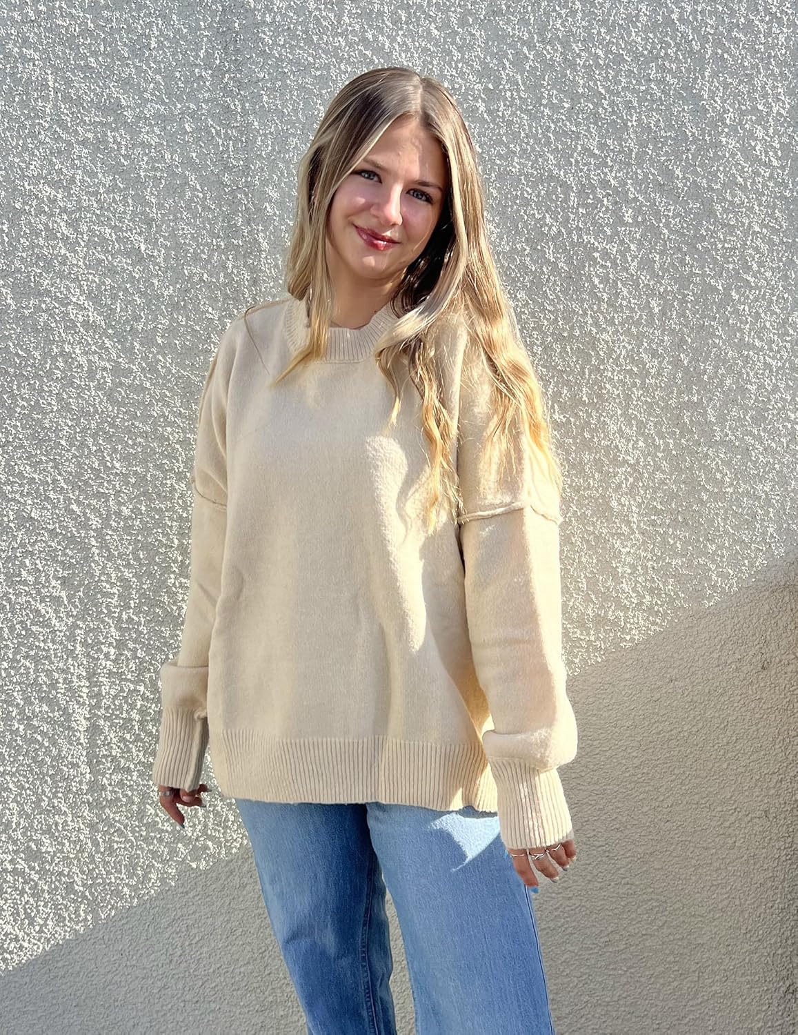 Aelfric Eden Women's Sweaters Oversized Crewneck Fall Sweater Casual Batwing Ribbed Knit Side Slit Pullover Tops - Image 4