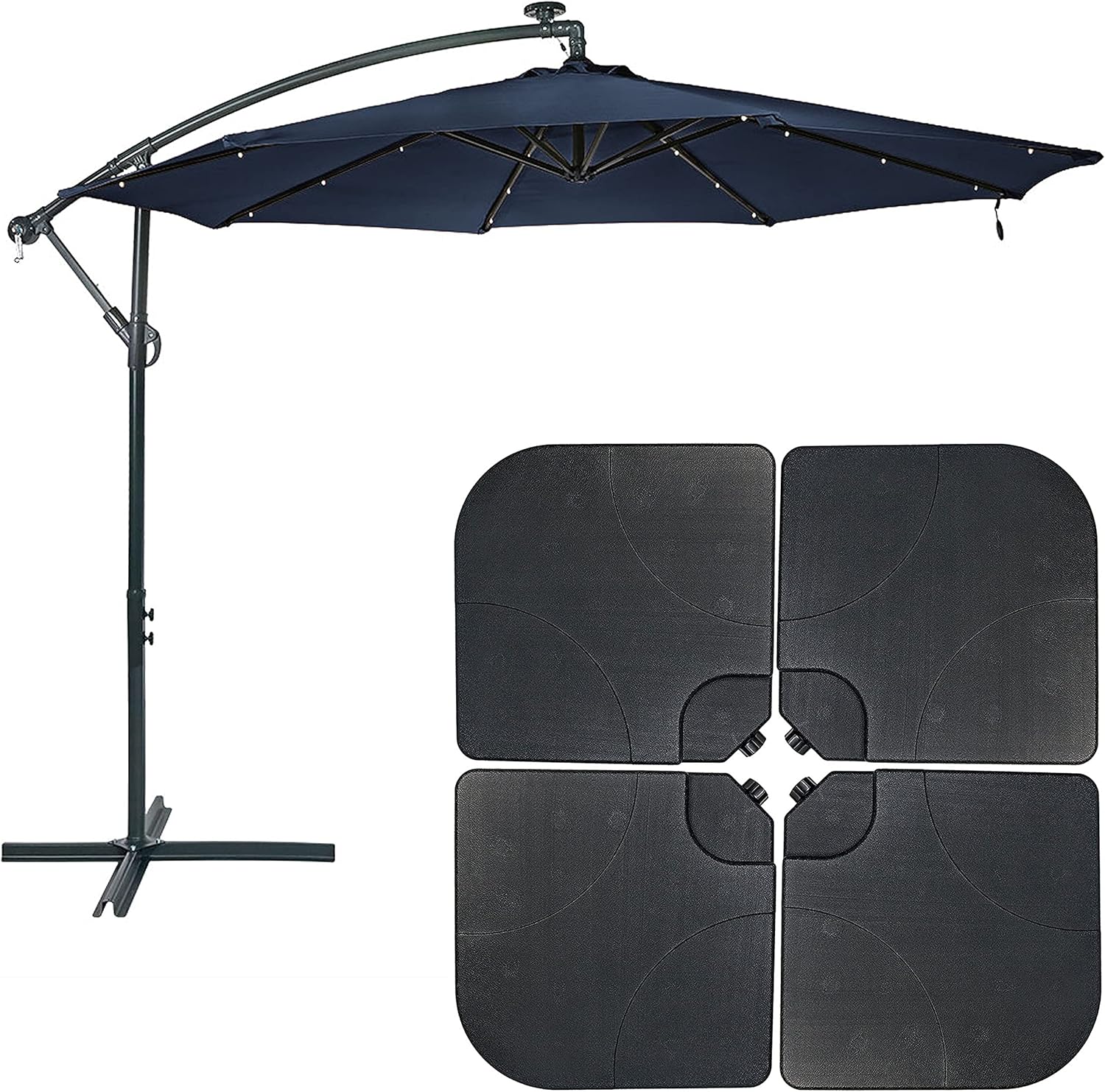 Sunnydaze Navy Blue 10-Foot Offset Cantilever Solar Patio Umbrella, Crank, and Cross Base and a Set of 4 Heavy-Duty Black Cantilever Offset Patio Umbrella Base Plates