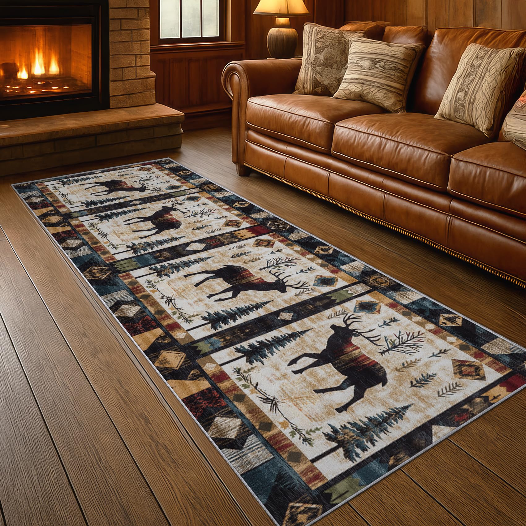 Aquailis Deer Runner Rugs - Wildlife Cabin Rugs for Bedroom, 4x8 Rug Runner, Hunting Elk Laundry Room Rug, Aztec Southwest Non Slip Washable Kitchen