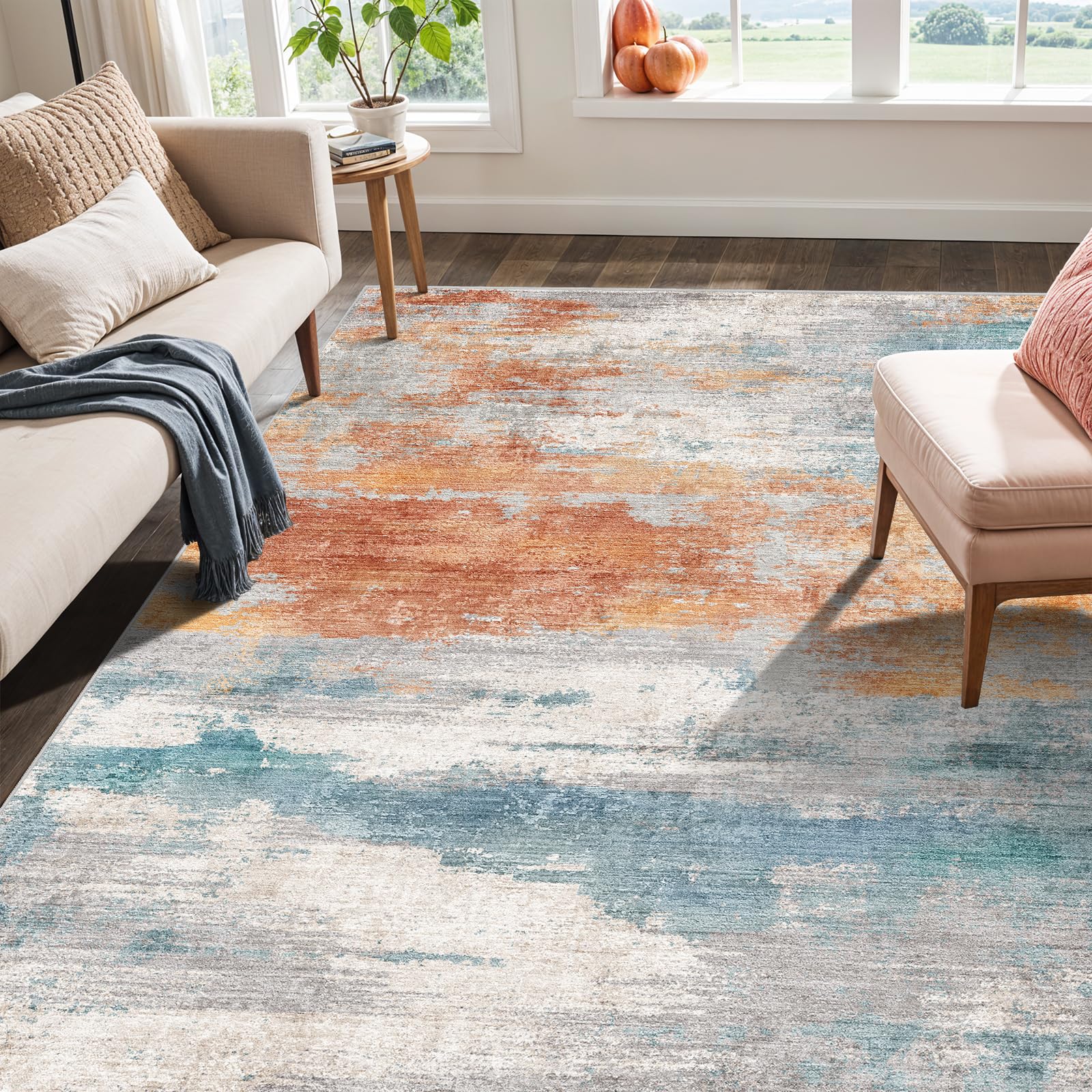 7x9 Area Rugs Washable Rug - Non-Slip Washable Modern Rug, Soft Foldable Neutral Indoor Carpet, Stain-Resistant Farmhouse Decor for Kitchen/Hallway/