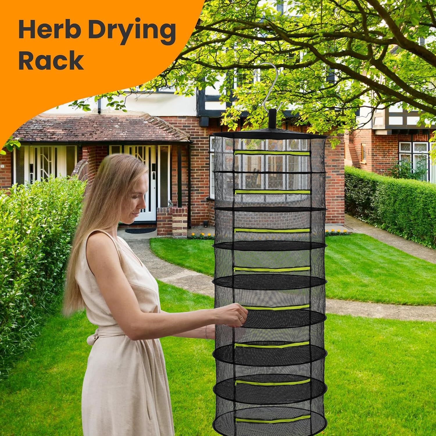 Herb Drying Rack - Mesh Drying Rack - Herb Drying Rack Hanging with Green Zipper & Garden Pruning Shears for Drying Herb - Hanging Drying Rack - Plant Drying Rack (6 Layers), Black, 12154
