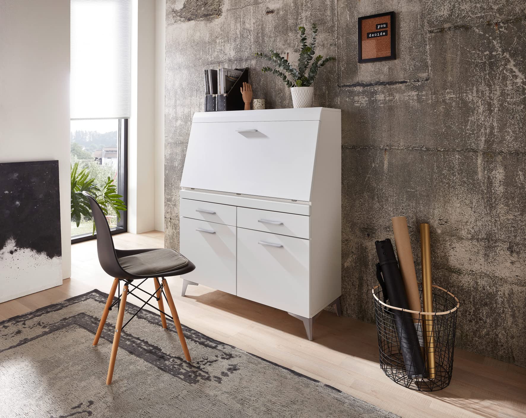 Stella Trading SECRET, Secretaire scrivania cassettiera in stile bianco opaco /bianco, Scrivania per computer salvaspazio con cassetti, 98 x 124 x 42 cm (larghezza x altezza x profondità)