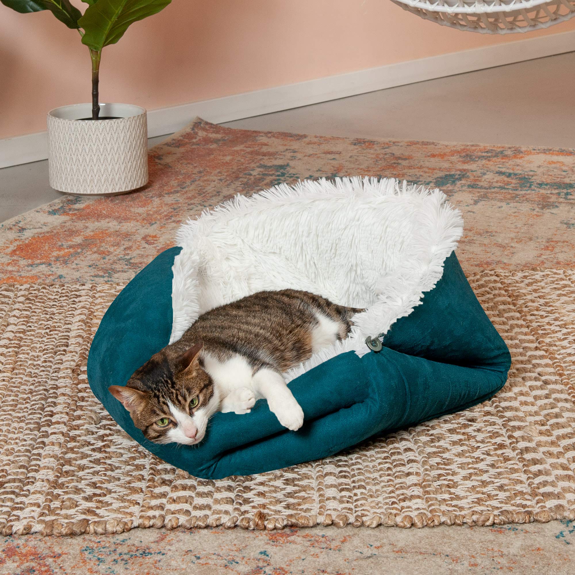 Furhaven Self-Warming Cat Bed for Indoor Cats, 4-Beds-in-1 & Washable - Plush Long Faux Fur Convertible Cuddler - Spruce, Large