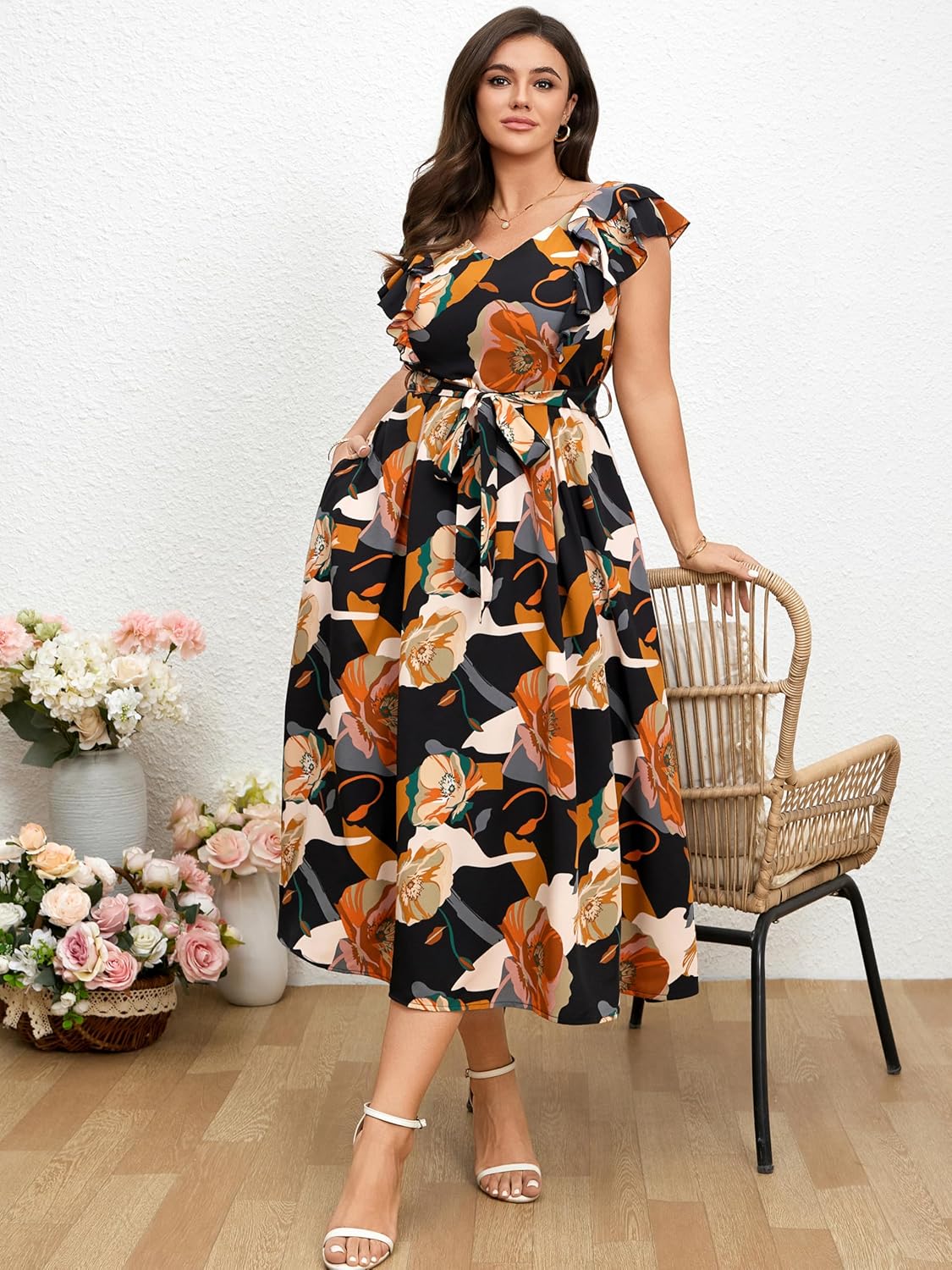 Plus Size Dresses for Women Summer Floral Wedding Guest Maxi Dress Formal V Neck Beach Party Long Dresses with Pocket - Image 7