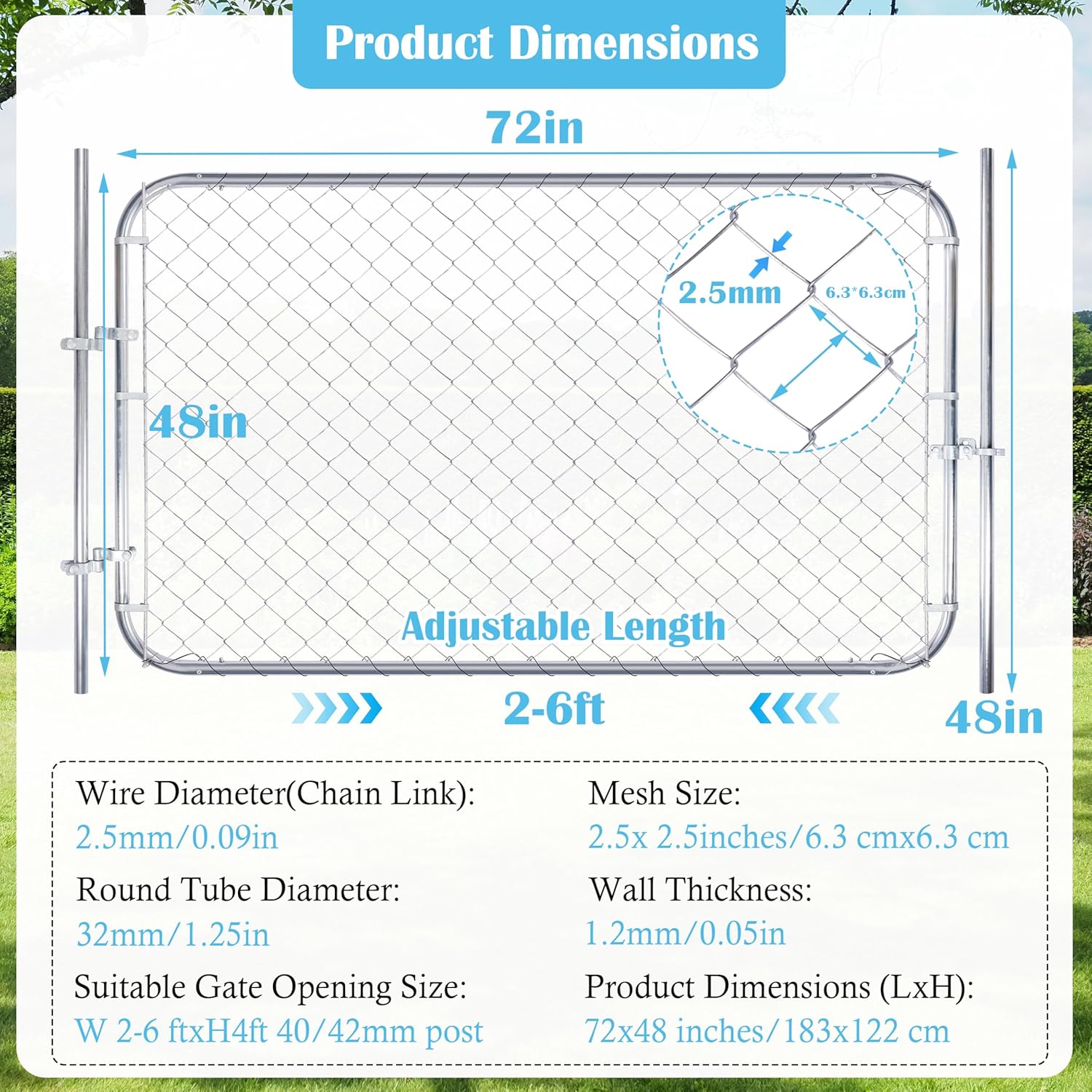 48 x 72 in Chain Link Fence Gate with Post, Adjustable Galvanized Chain Link Fence Panel, Fits 2-6 ft W x 7 ft H Garden Fence Gate Opening for Farm Yard Garden