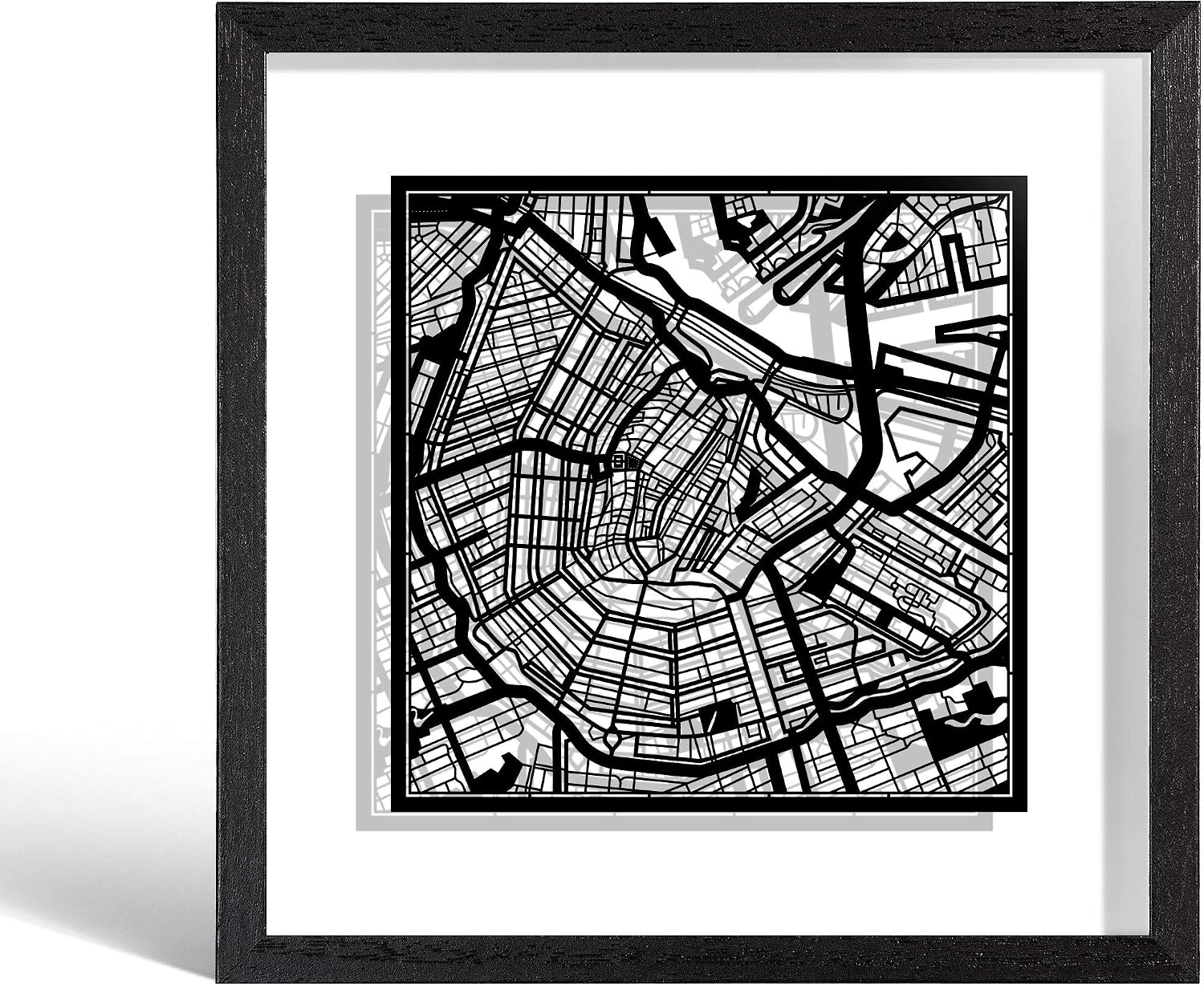 O3 DESIGN STUDIO Amsterdam Marco de Papel para mapas, Black map, Black frame, 9x9 inches, Gift Boxed, 2 background color