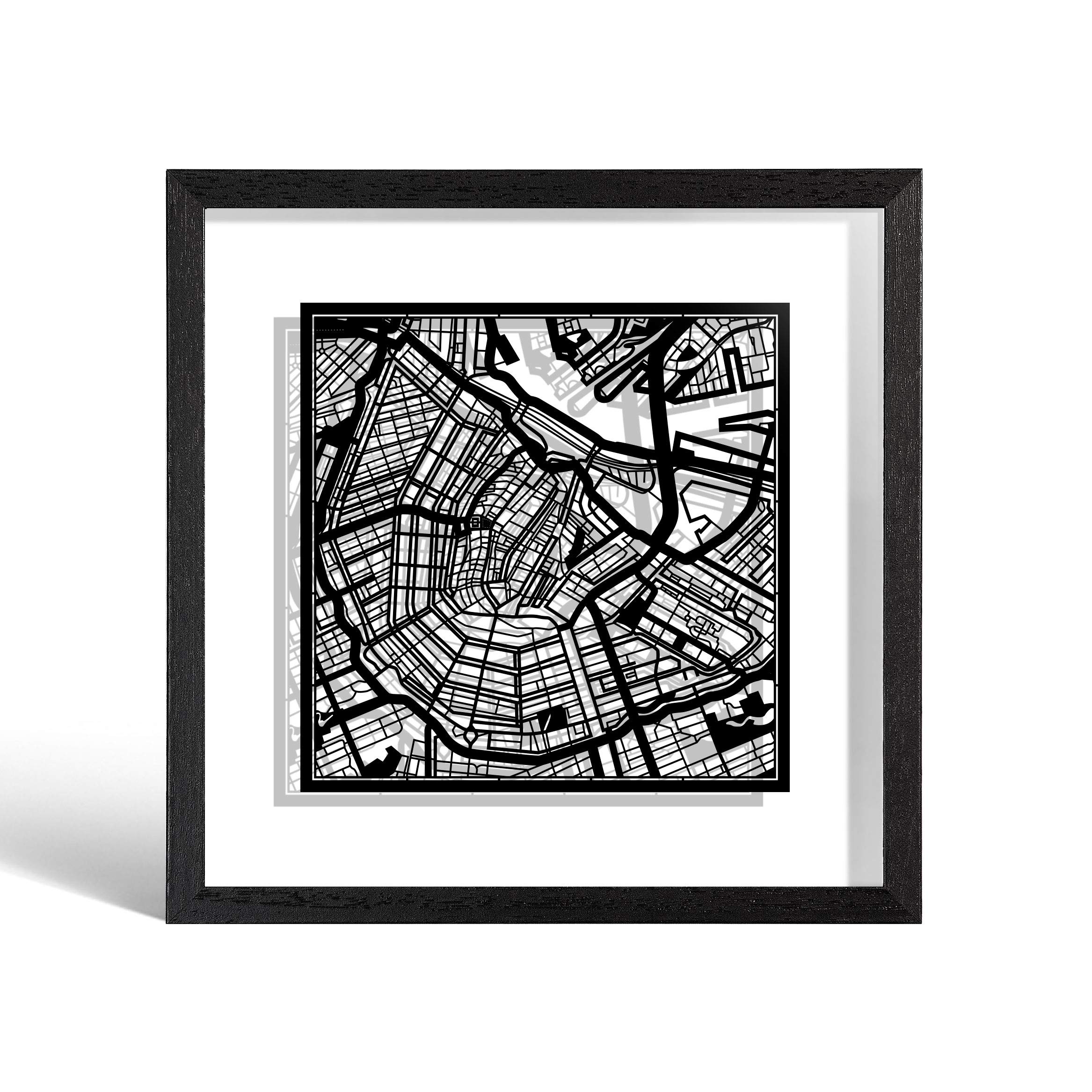 O3 Design Studio Amsterdam Cut Map Framed, Black map, Black Frame, 9x9 inches, Paper Cutting Art Work, Gift Boxed, 2 Background Color, self-Changing, Wall Art