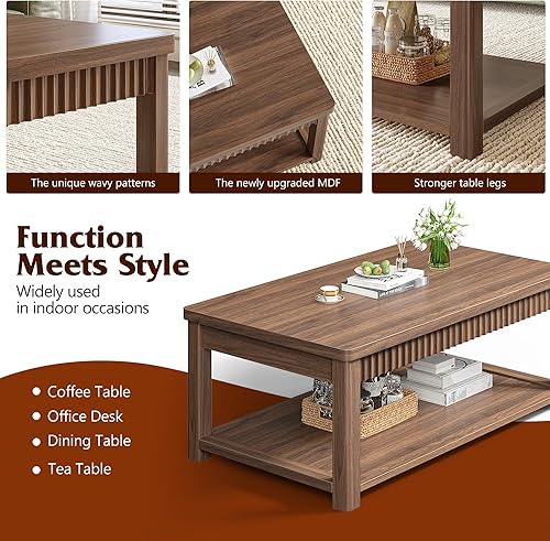 Miniatura 4 de Mesa auxiliar, mesas de centro modernas de 39 pulgadas para sala de estar con almacenamiento de 2 niveles y borde ondulado, mesa central de nogal